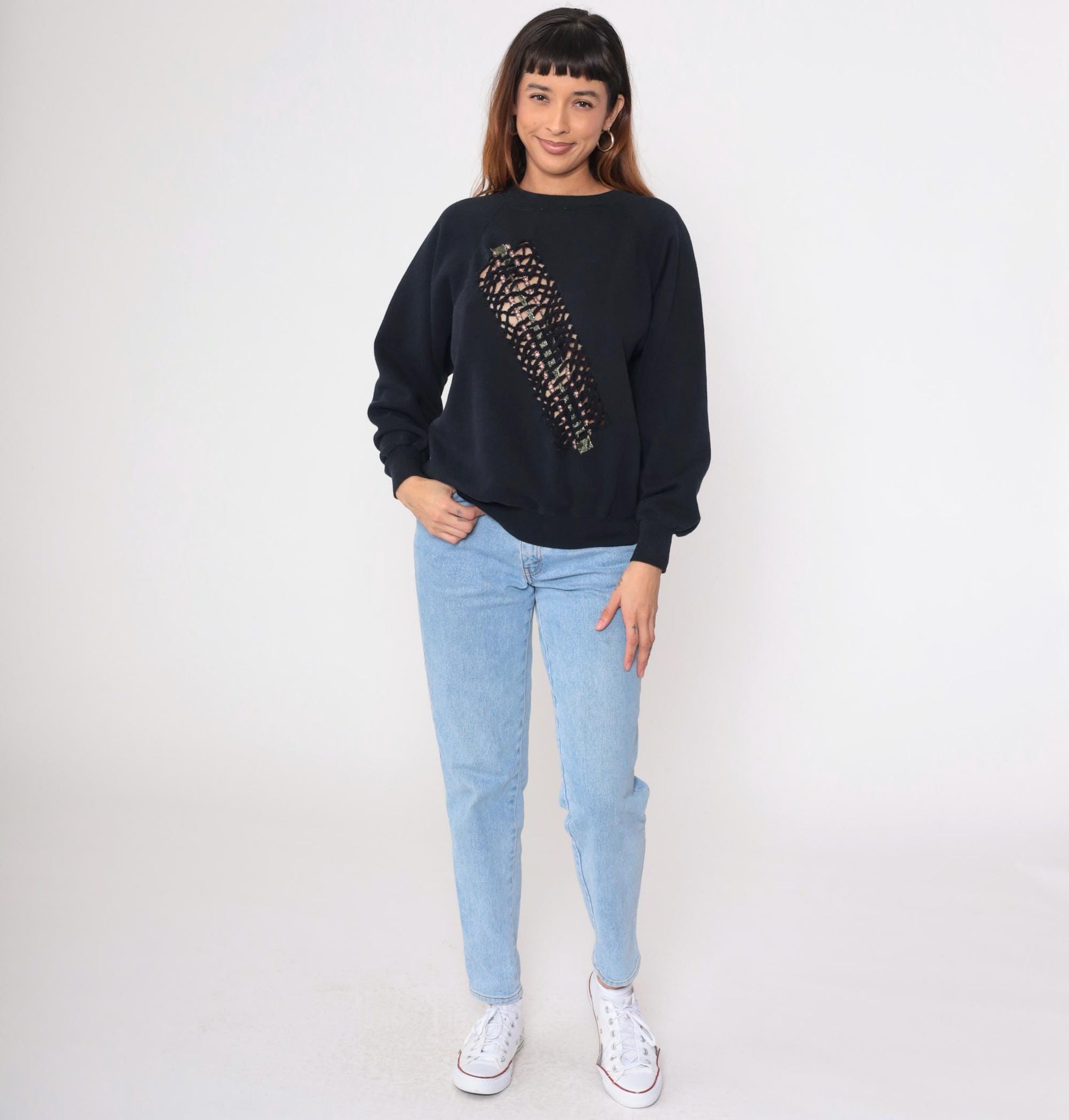 90s Black Sweatshirt Cutout Metallic Trim Raglan Crewneck Large