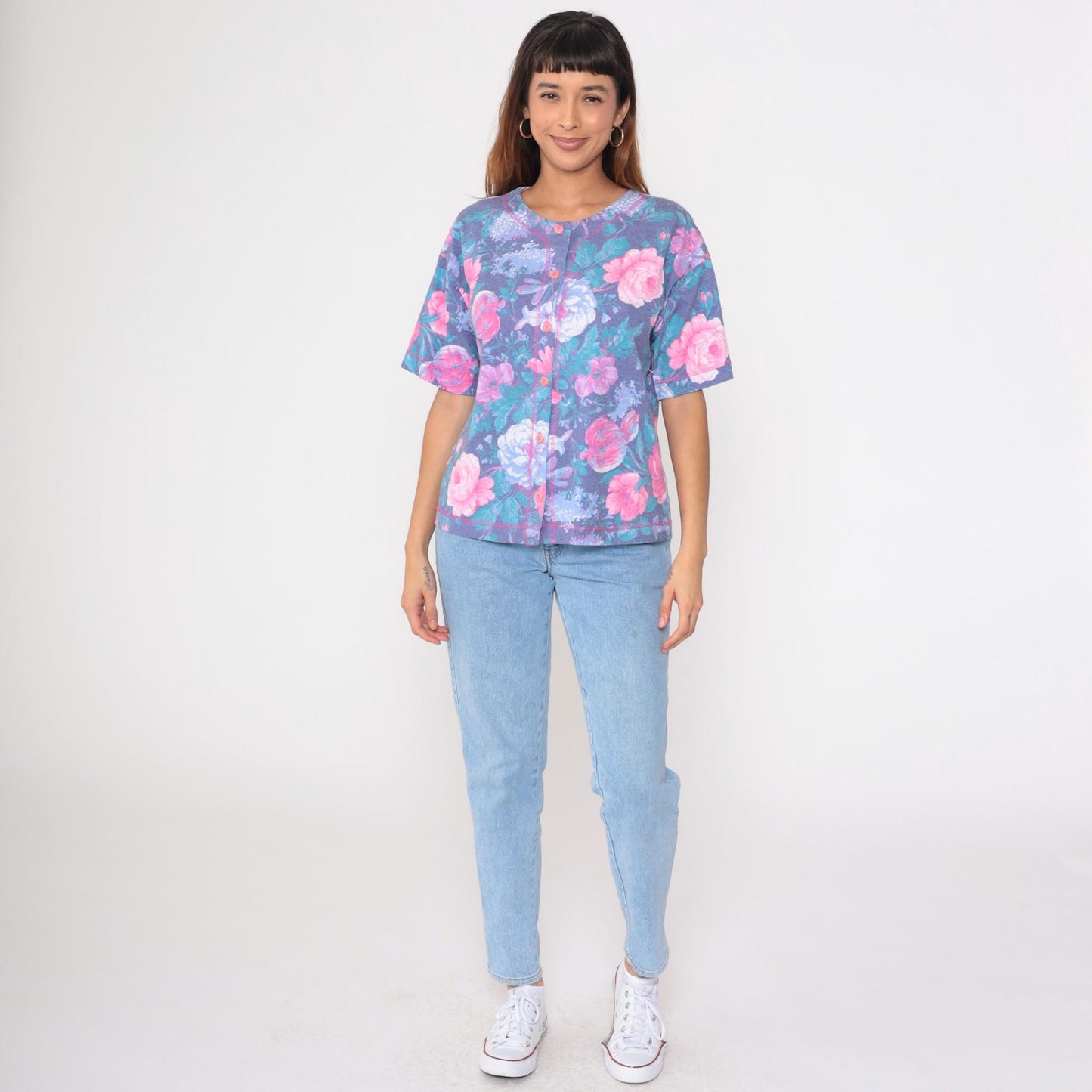 90s Floral Button-Up Blouse Purple Pink Flower Print Short Sleeve Medium