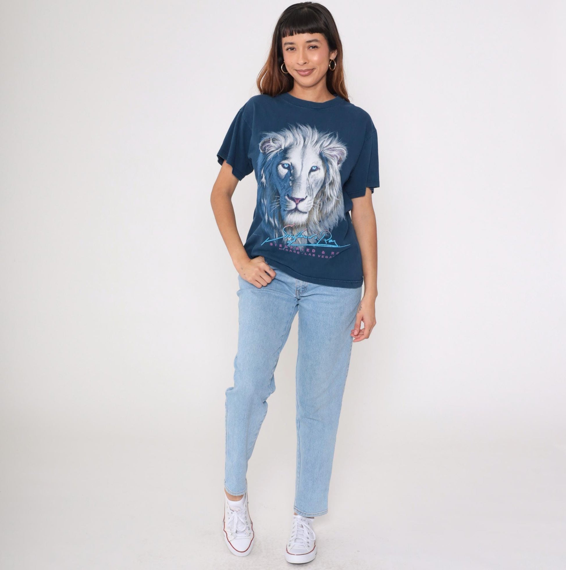 90s Siegfried & Roy Lion Graphic T Shirt Mirage Las Vegas Navy Medium