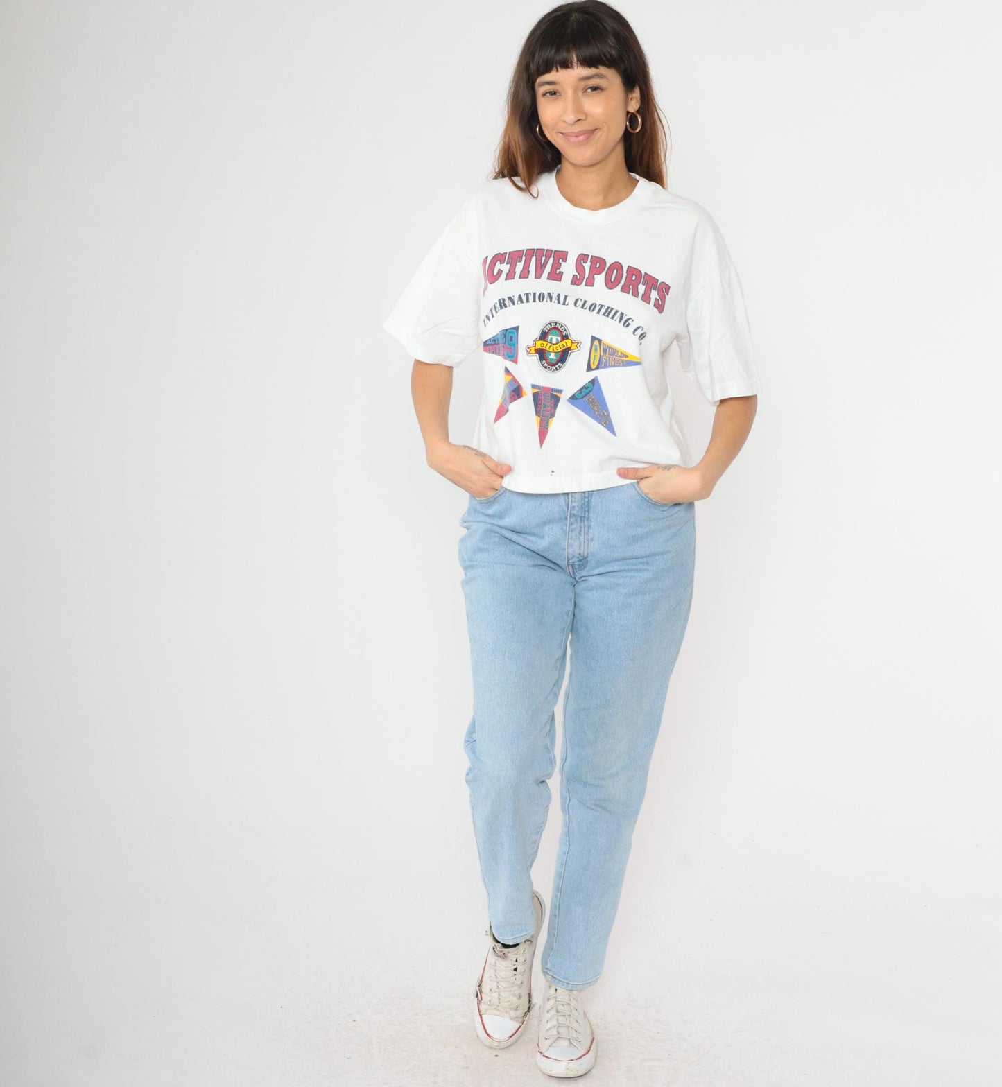 90s Active Sports International Pennant Graphic T-Shirt White Cotton Large