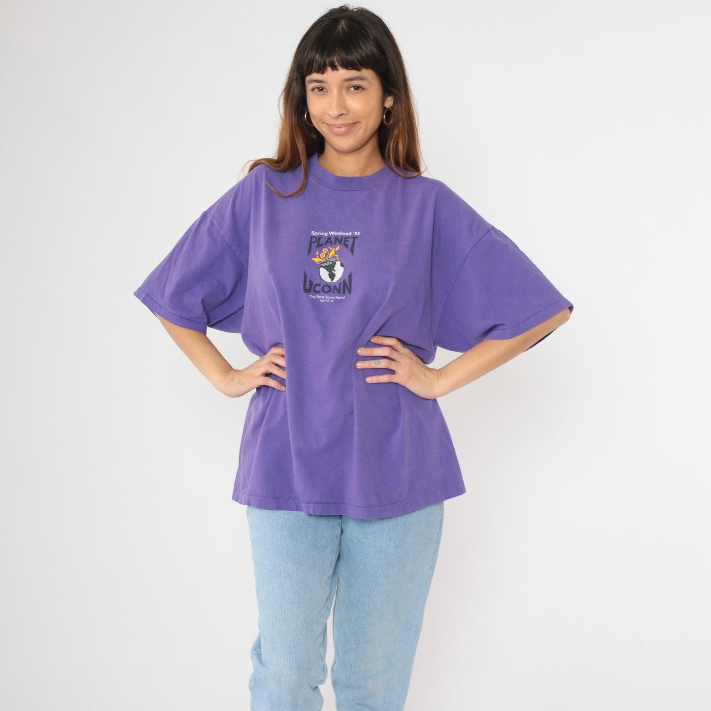 1995 UConn Spring Weekend Planet Graphic T-Shirt Purple Cotton XXL