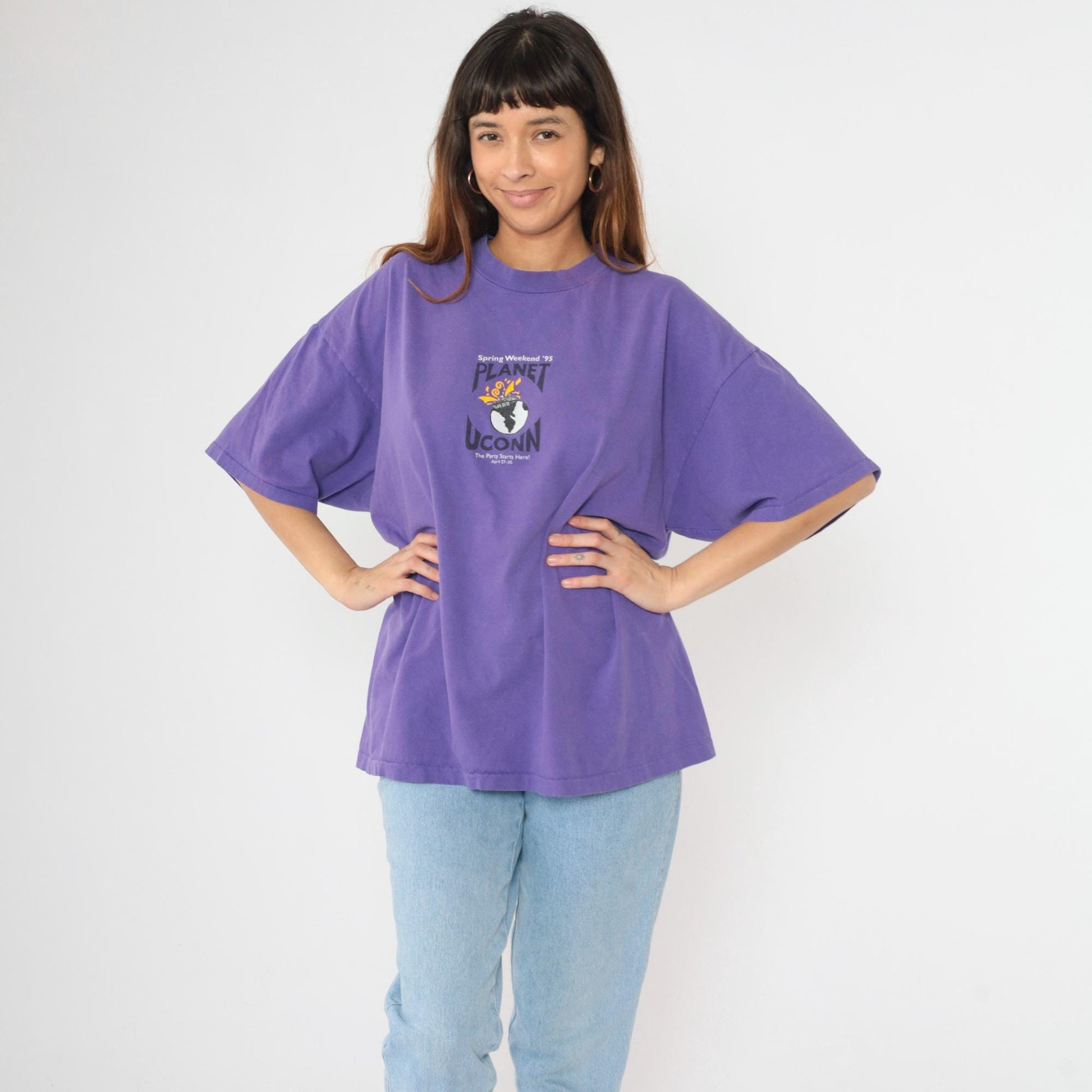 1995 UConn Spring Weekend Planet Graphic T-Shirt Purple Cotton XXL