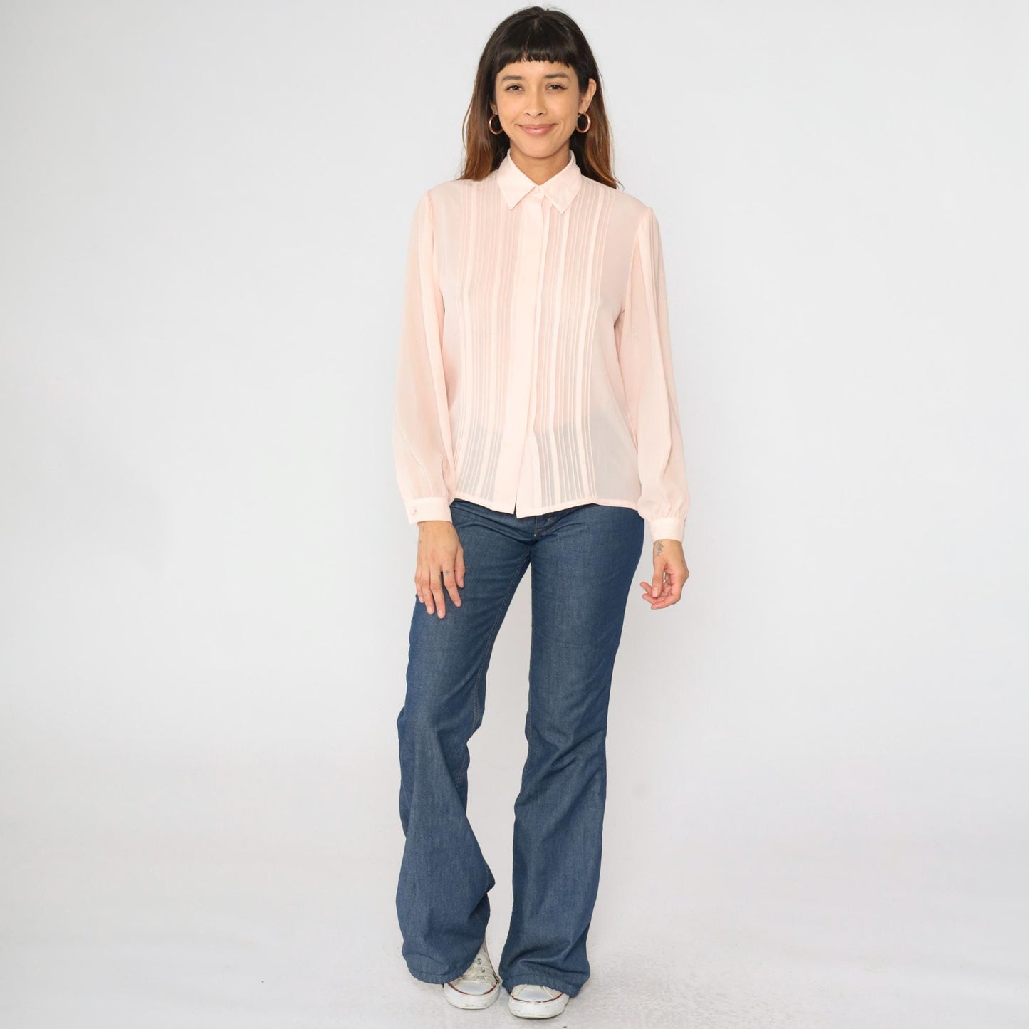 90s Laura and Jayne Pink Pleated Blouse Puff Sleeve Button Up Small