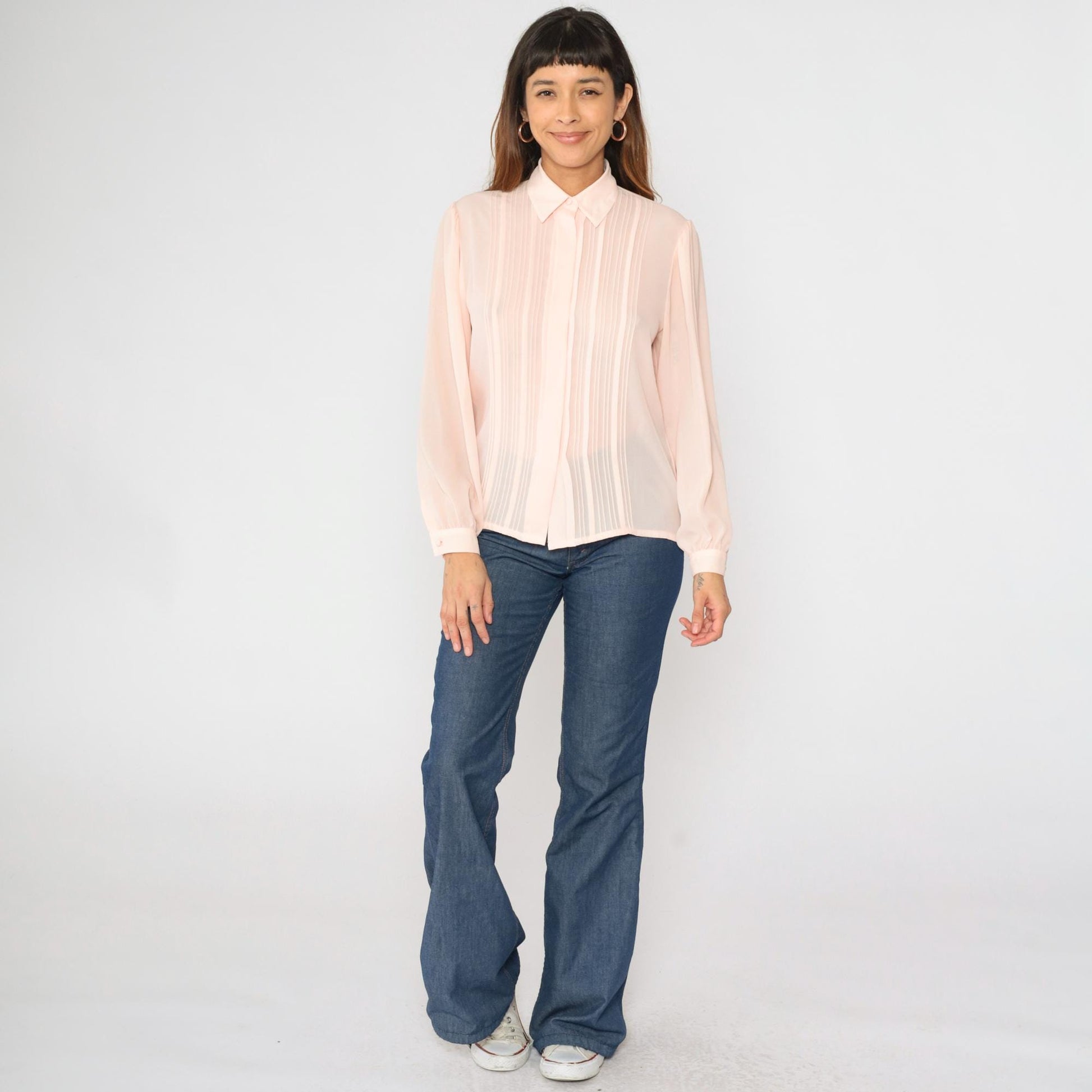 90s Laura and Jayne Pink Pleated Blouse Puff Sleeve Button Up Small