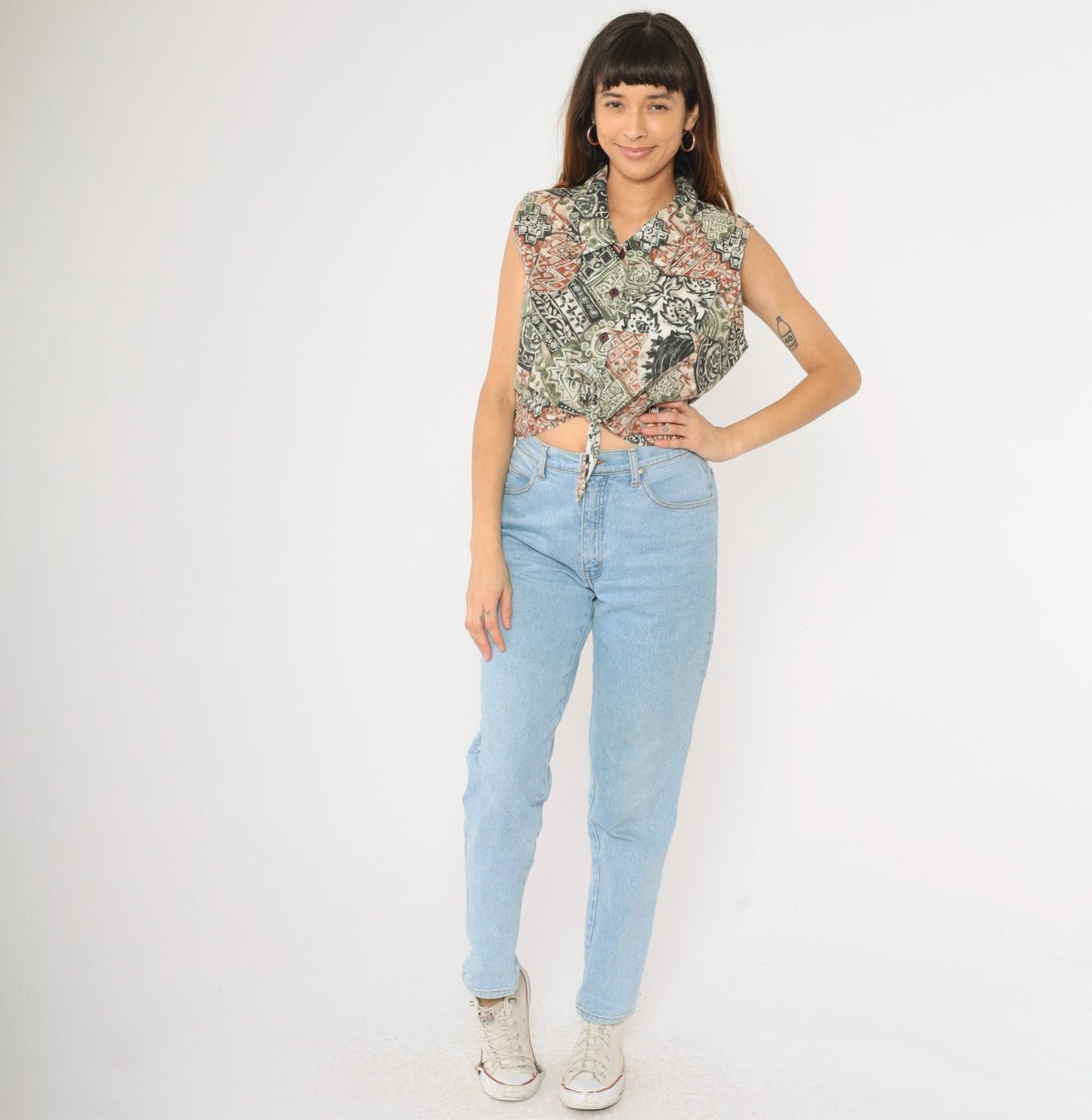 90s Bonjour Patchwork Floral Crop Top Sleeveless Button-Up Blouse Green Extra Large
