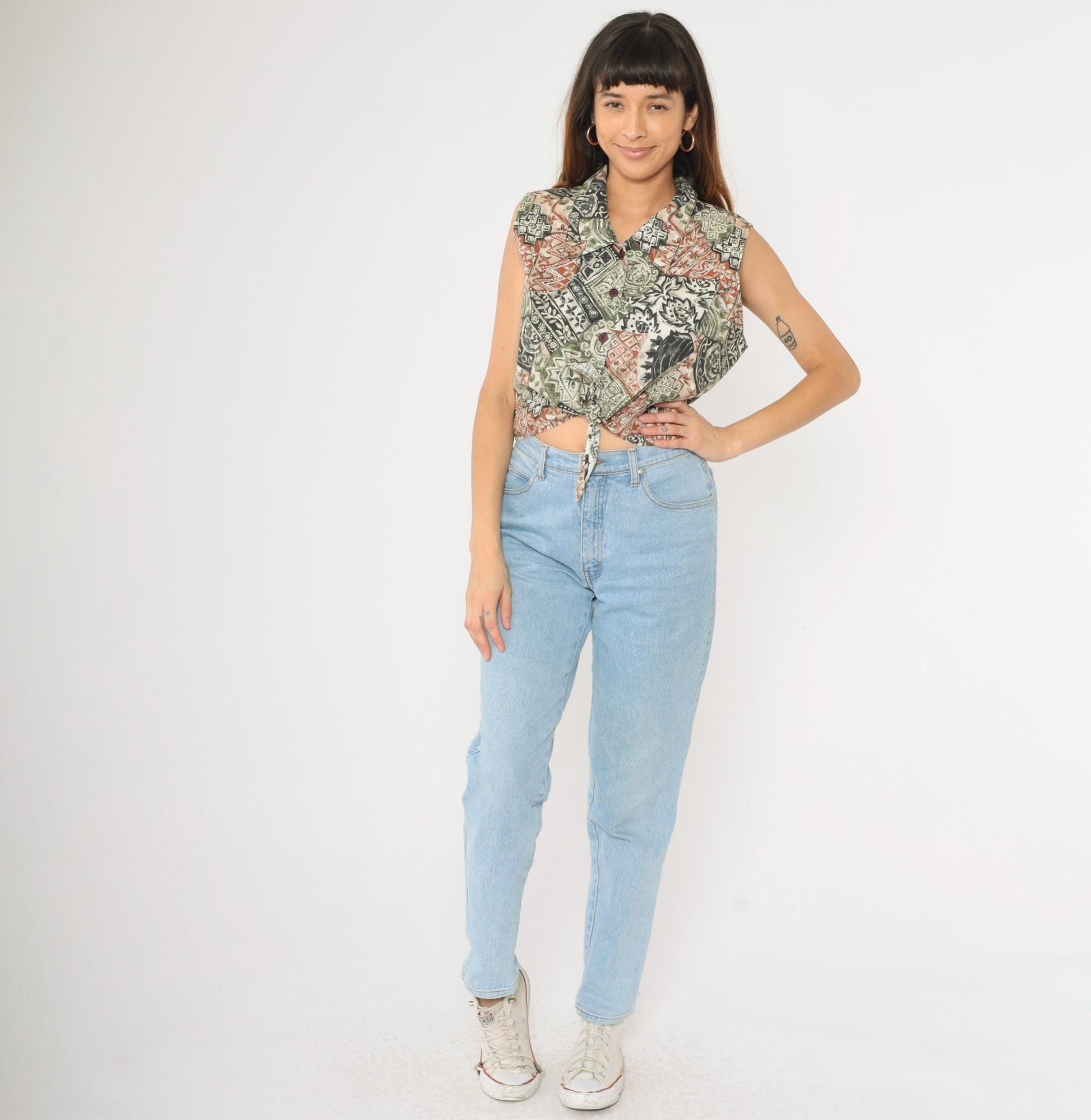 90s Bonjour Patchwork Floral Crop Top Sleeveless Button-Up Blouse Green Extra Large