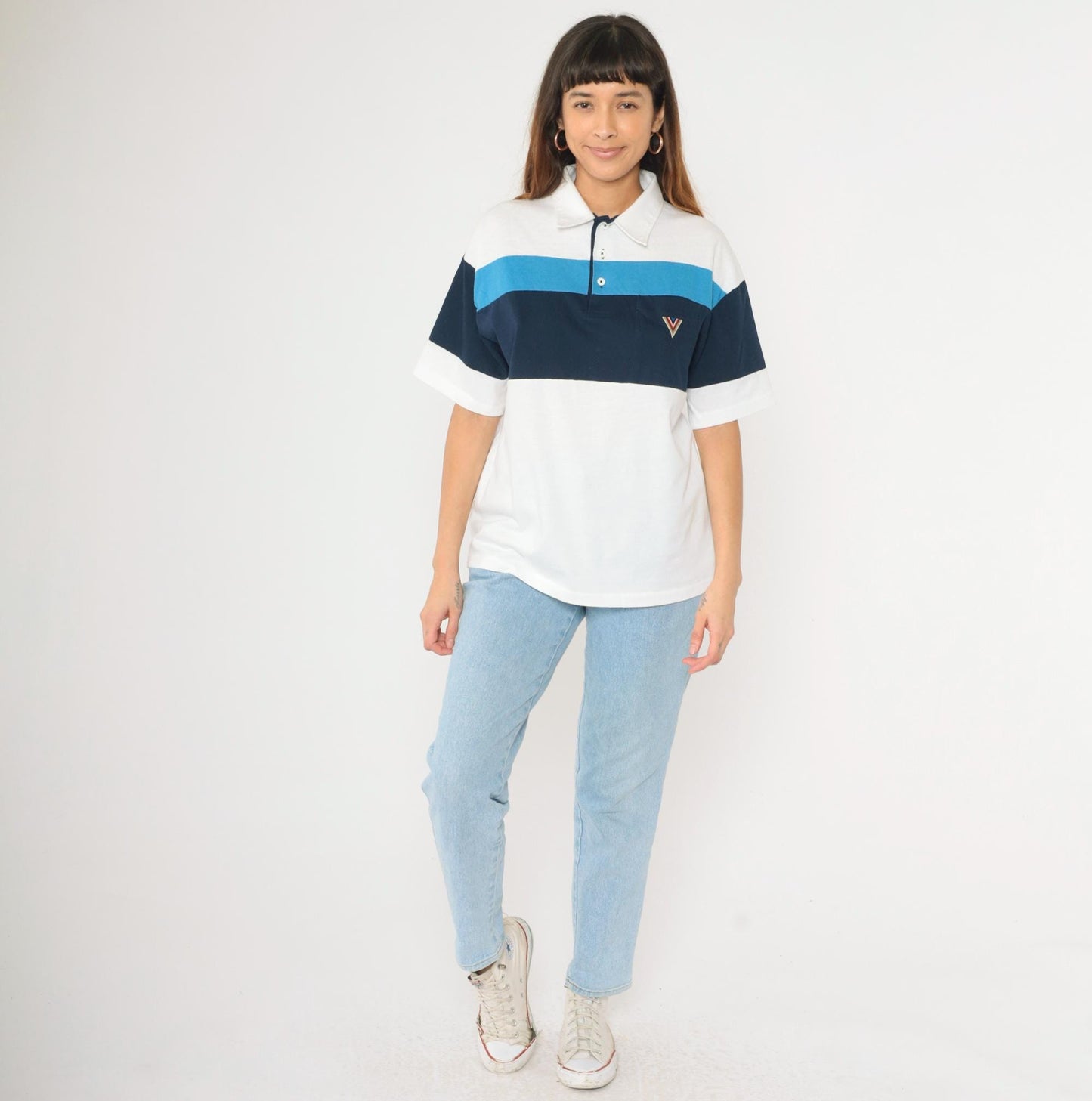 80s J. Blair Striped Polo Shirt White Navy Quarter Button Collared Large L
