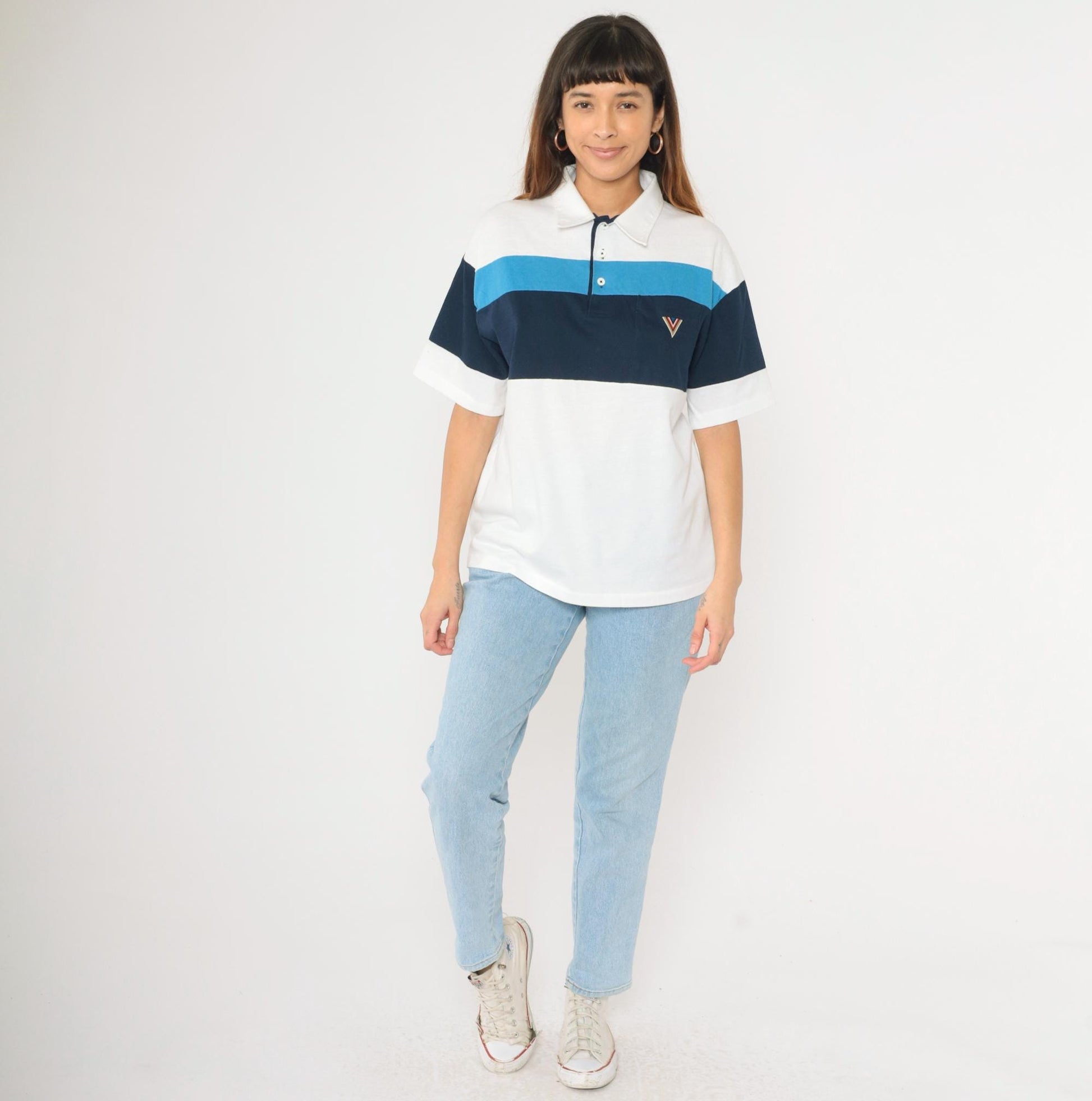 80s J. Blair Striped Polo Shirt White Navy Quarter Button Collared Large L