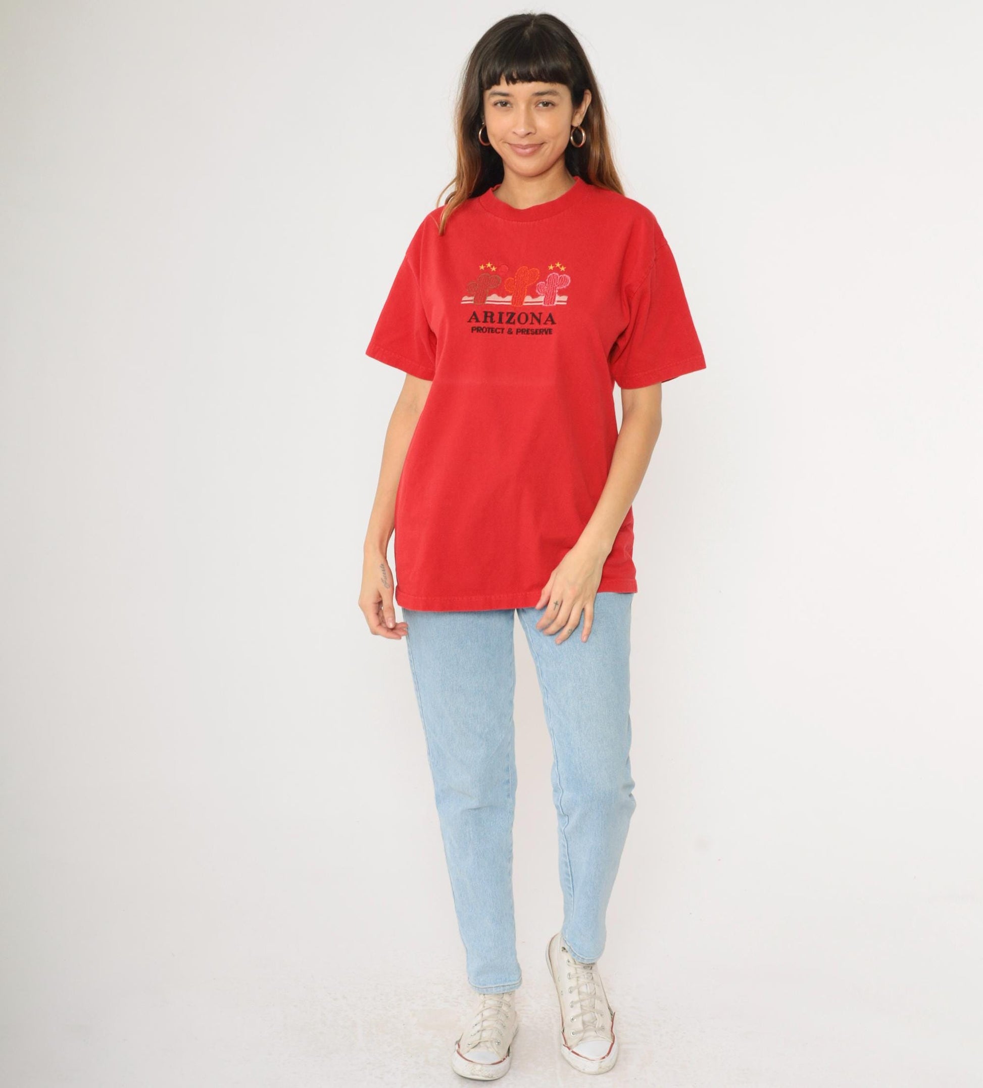 Y2K Arizona Cactus Embroidered T-Shirt Red Cotton Graphic Tee Large