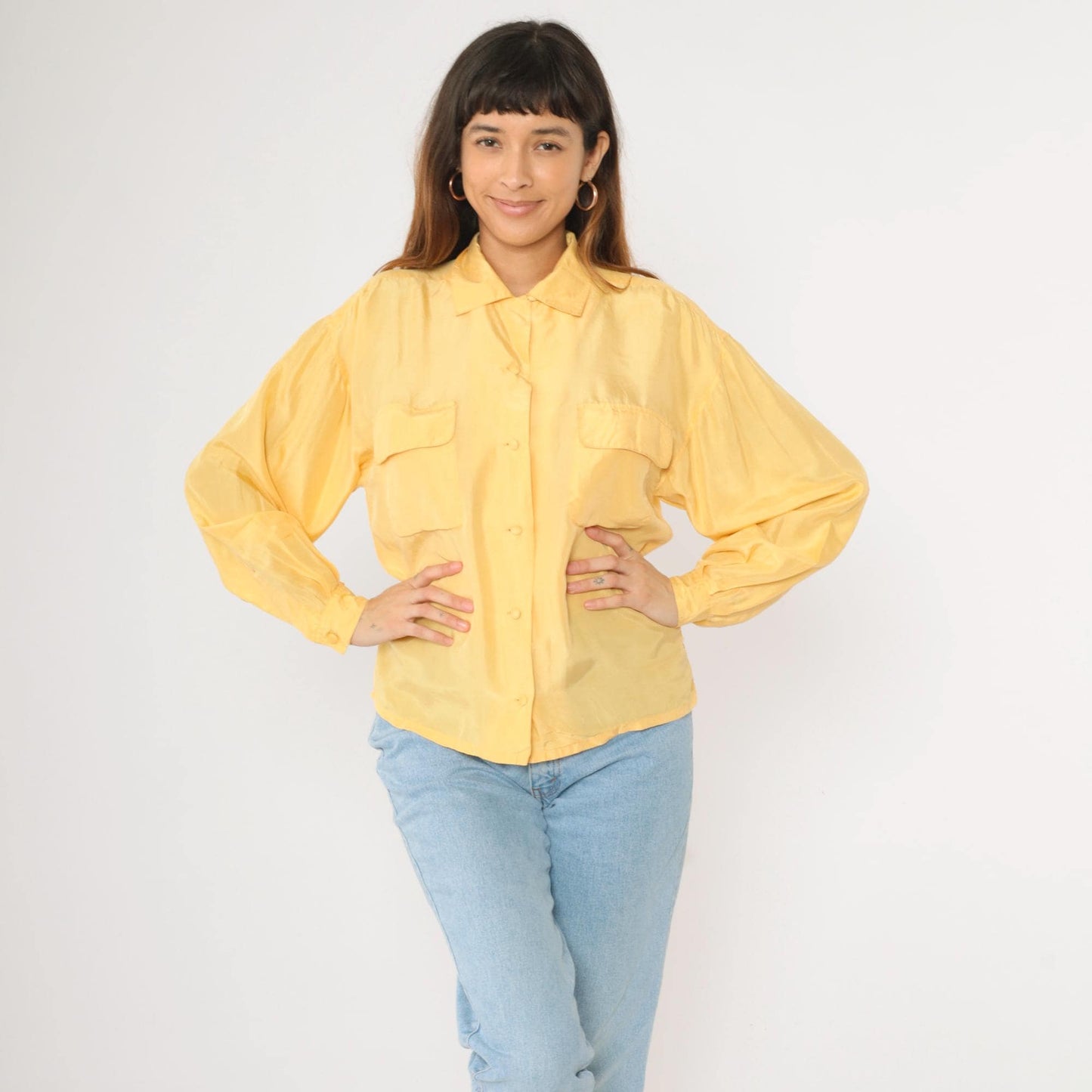 90s Ivy Club Classics Yellow Silk Button-Up Blouse Long Sleeve Small S