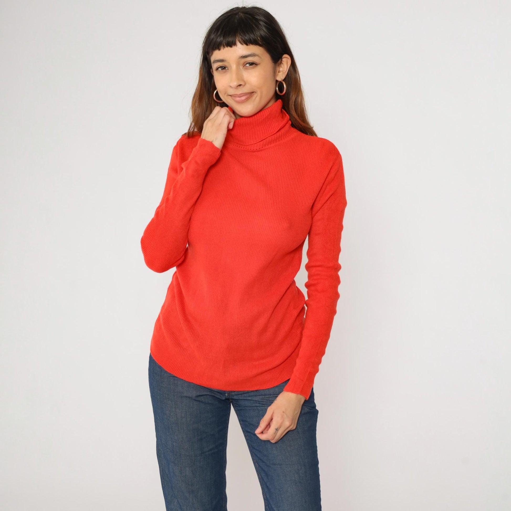 70s Red Ribbed Knit Turtleneck Sweater Pullover Medium
