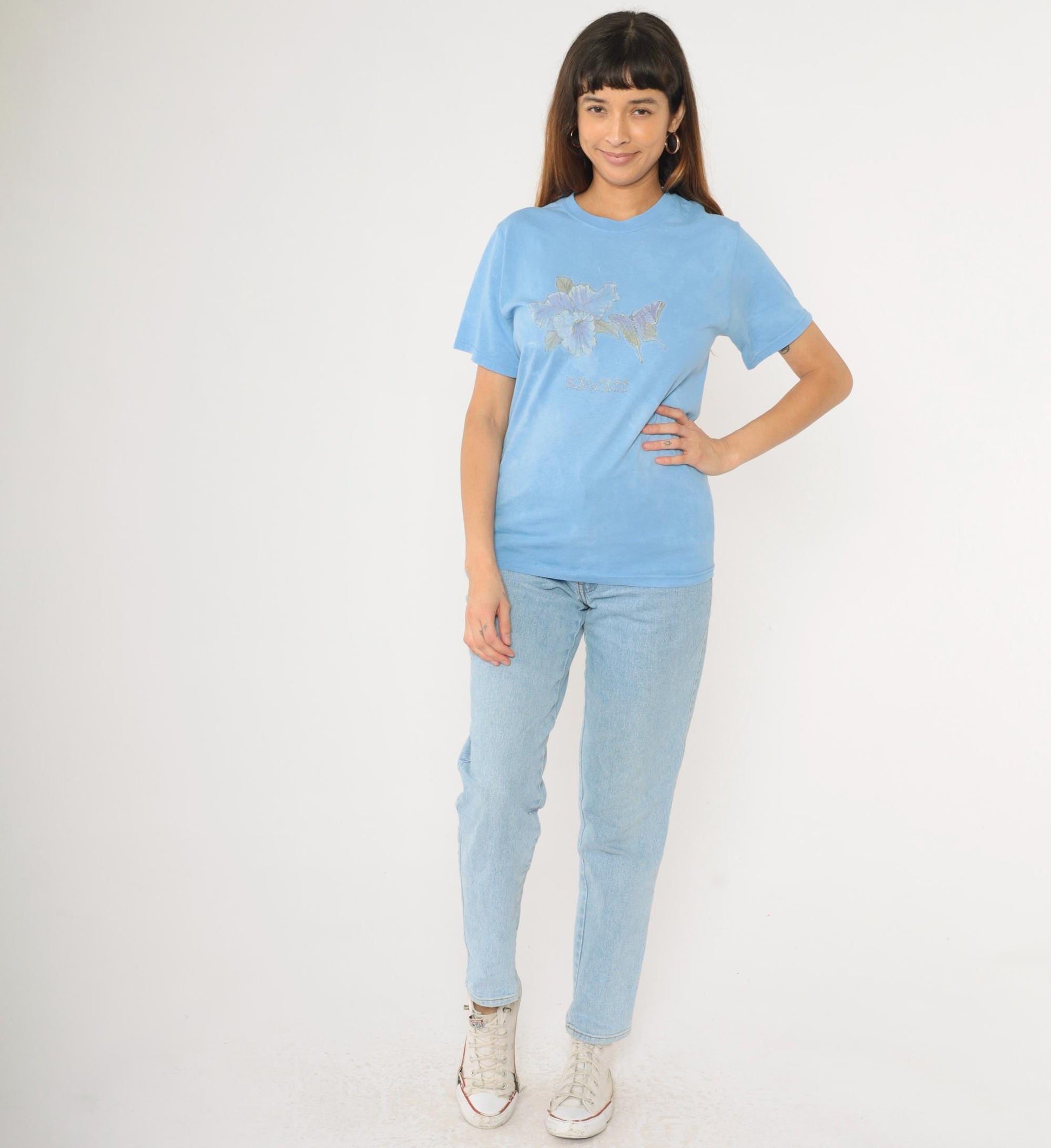 90s Hawaii Butterfly T-Shirt Light Blue Gold Glitter Graphic Tee Small S