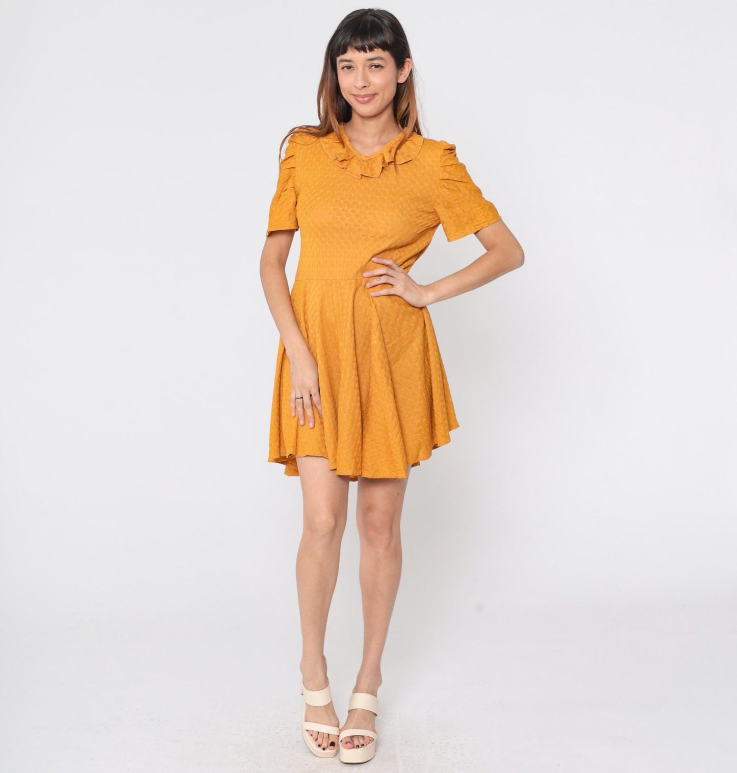 1960s Marigold Orange Mini Dress Puff Sleeves Ruffled Collar Textured Knit Small Medium