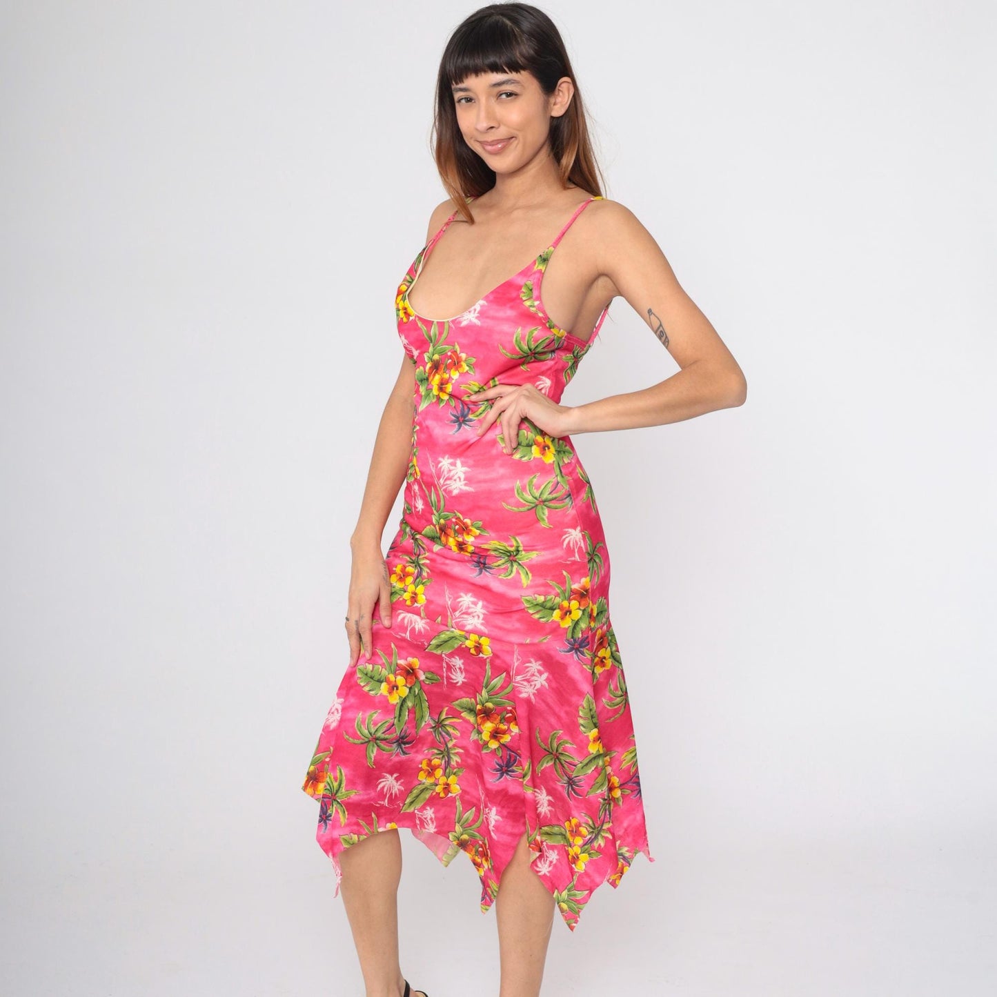 Y2K Pink Hibiscus Floral Midi Dress Bodycon Spaghetti Strap Hanky Hem Small