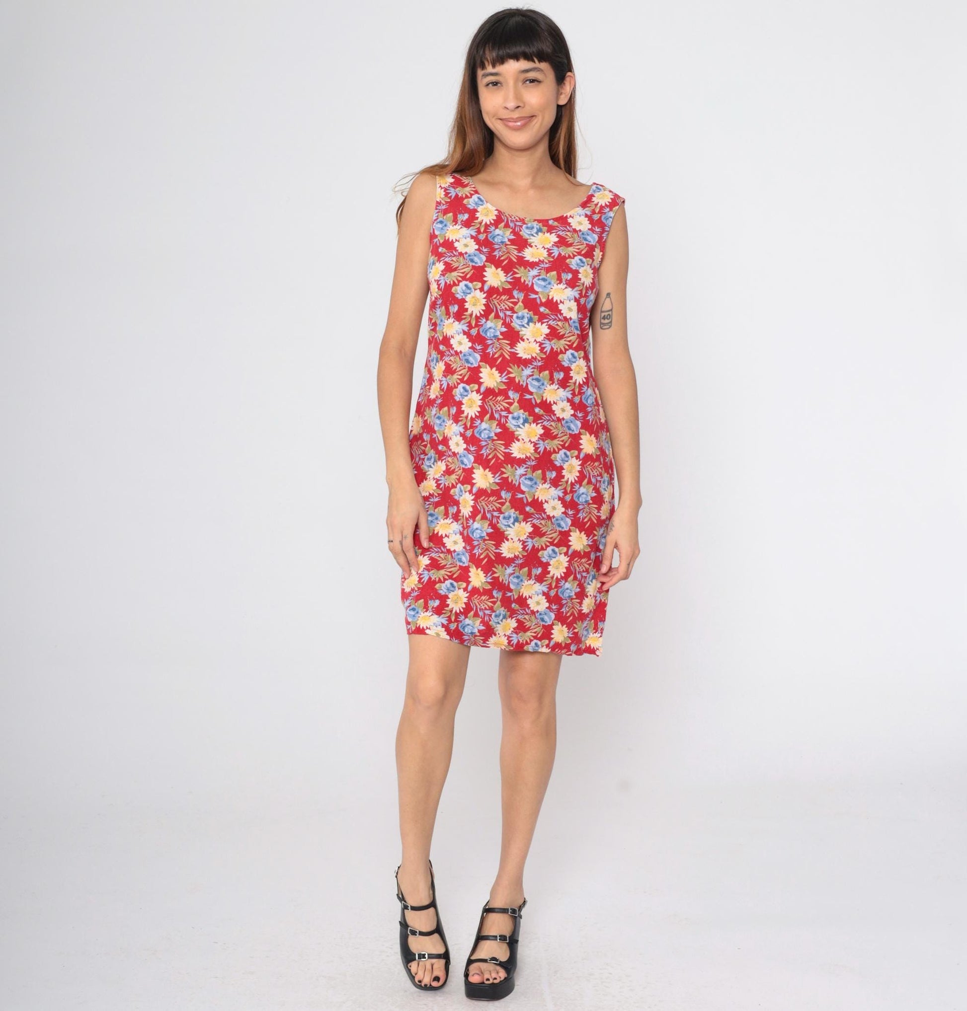 90s Floral Mini Dress Red Wildflower Print Shift Sundress Sleeveless Small Medium