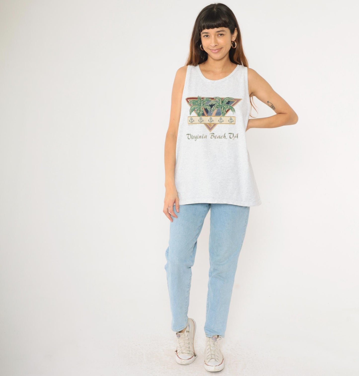 90s Virginia Beach Tank Top Graphic Tee Palm Tree Anchor Grey Extra Large