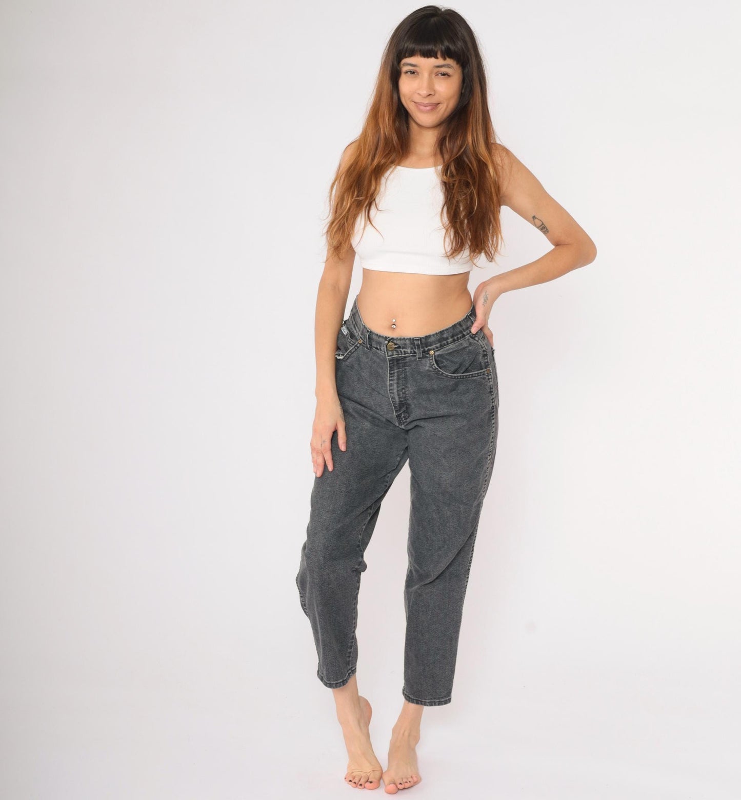 90s Chic High Waisted Tapered Jeans Faded Black Denim Large