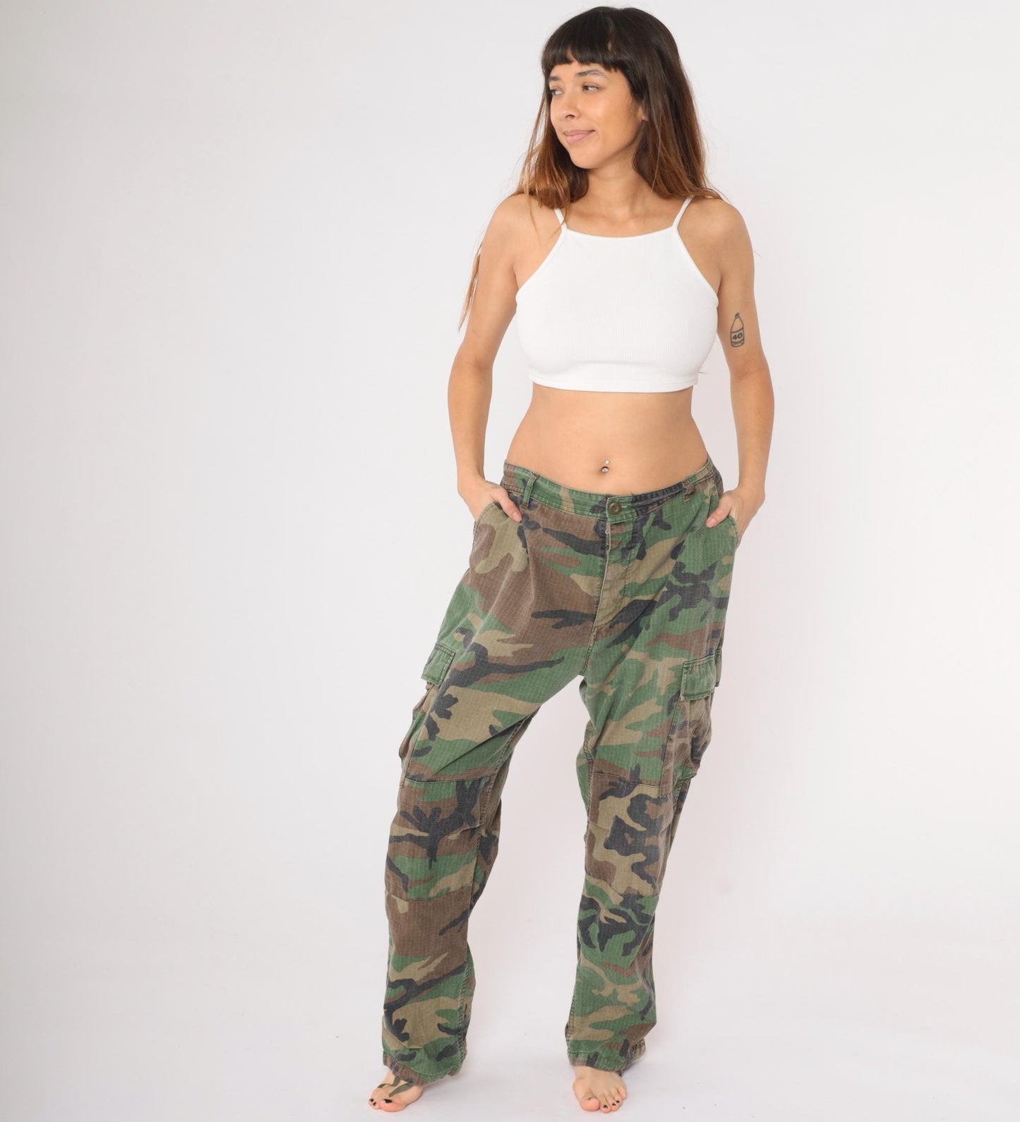90s Camo Army Cargo Pants Olive Green Drawstring Ankle Extra Large XL