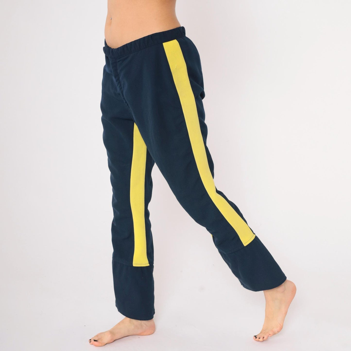 70s Roffe Ski Pants Navy Blue Yellow Striped Flared Snow Pants Medium