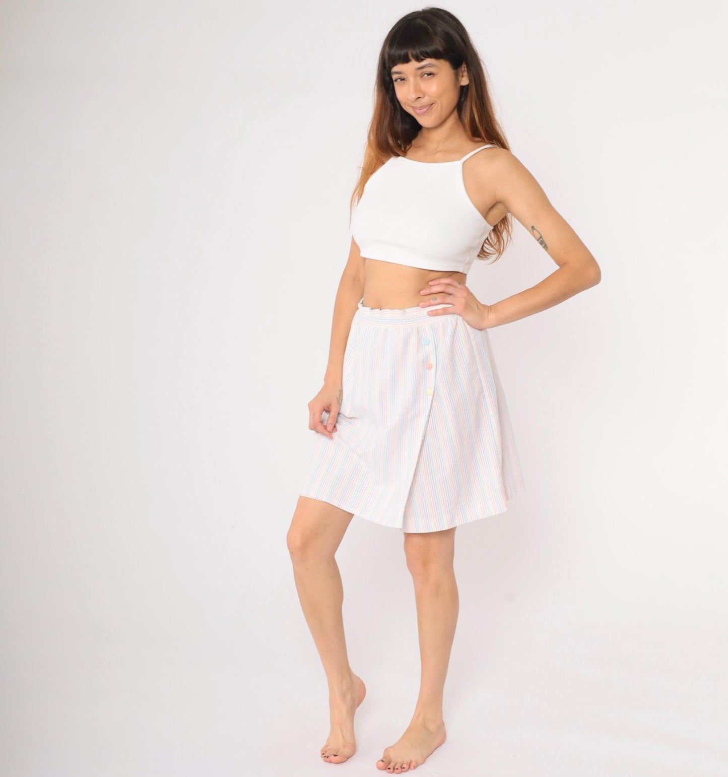 80s Seersucker Striped Skort White Rainbow Pastel High Waist Mini Medium