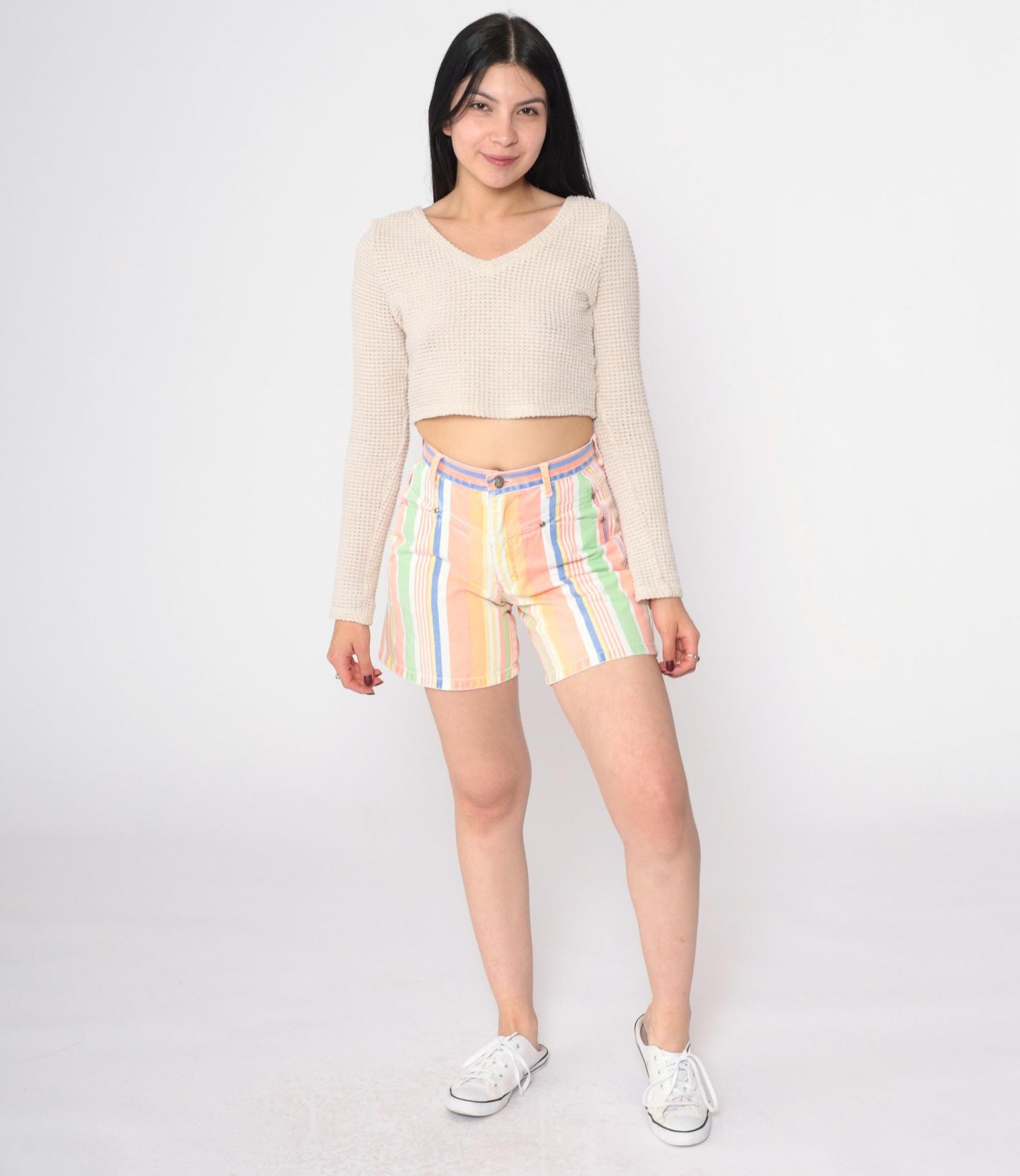 90s Good Fellows Rainbow Striped Denim Shorts High Waist Multicolor Extra Small