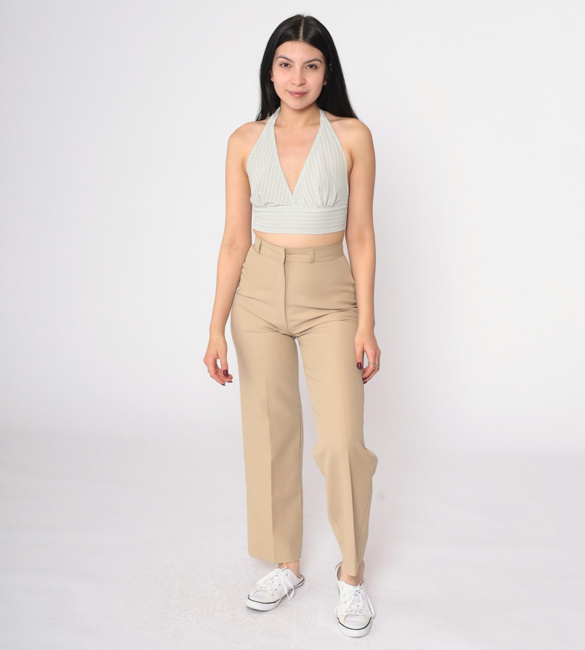 70s Tan Straight Leg High Rise Trousers Creased Vintage XS