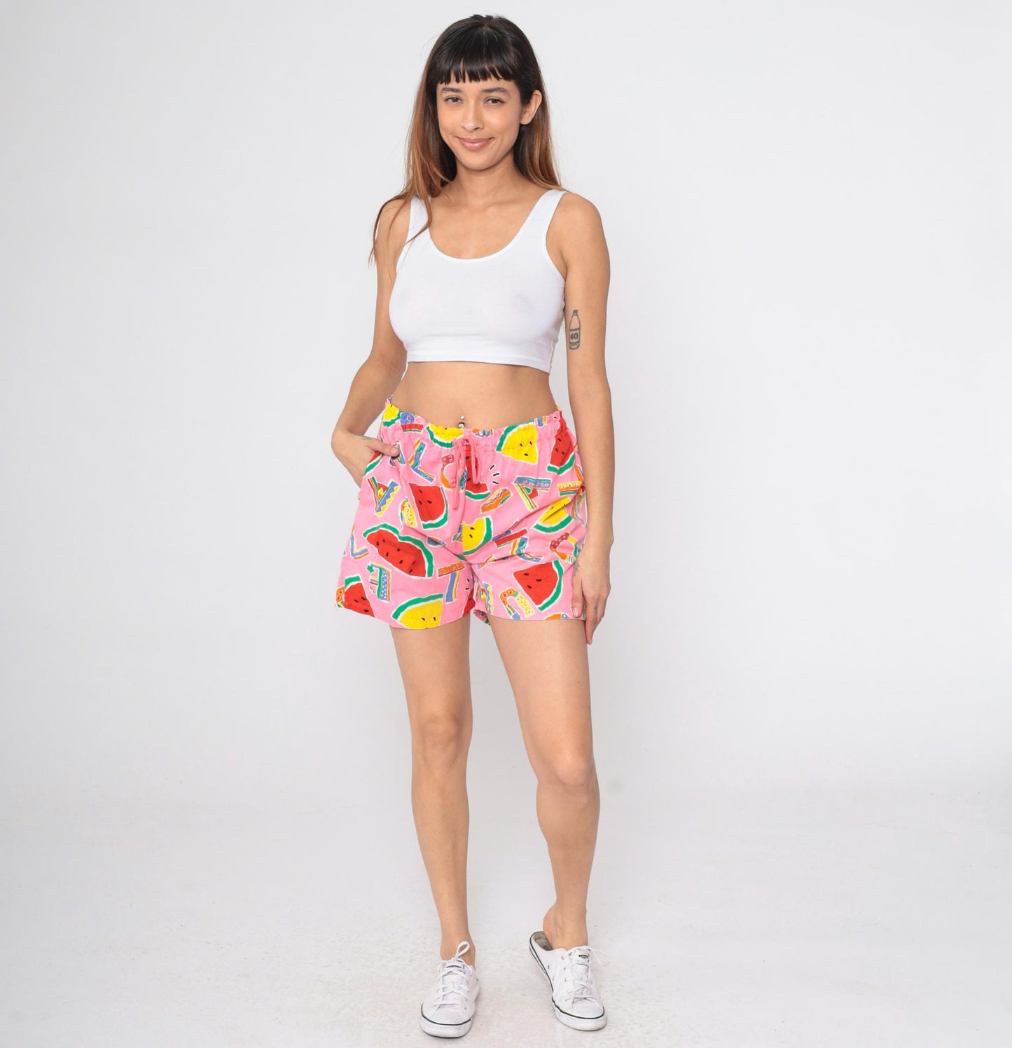 90s Tropical Watermelon Alphabet Print Shorts Pink Drawstring Small Medium