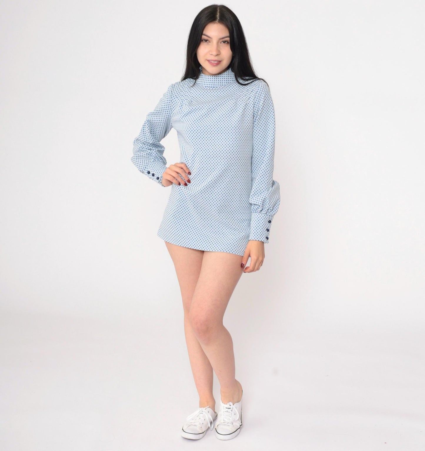 60s Mod Blouse White Blue Polka Dot Mock Neck Long Sleeve Small