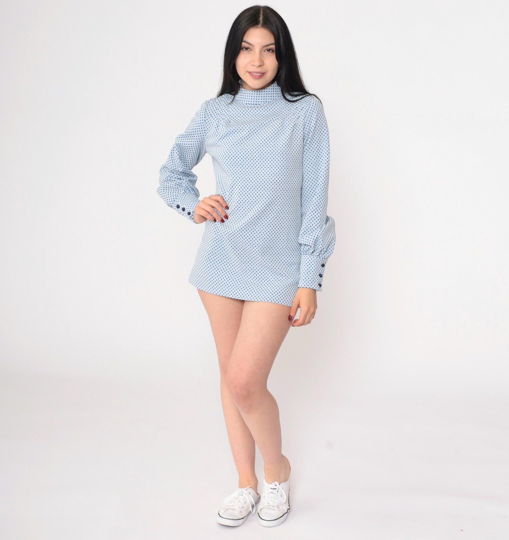 60s Mod Blouse White Blue Polka Dot Mock Neck Long Sleeve Small
