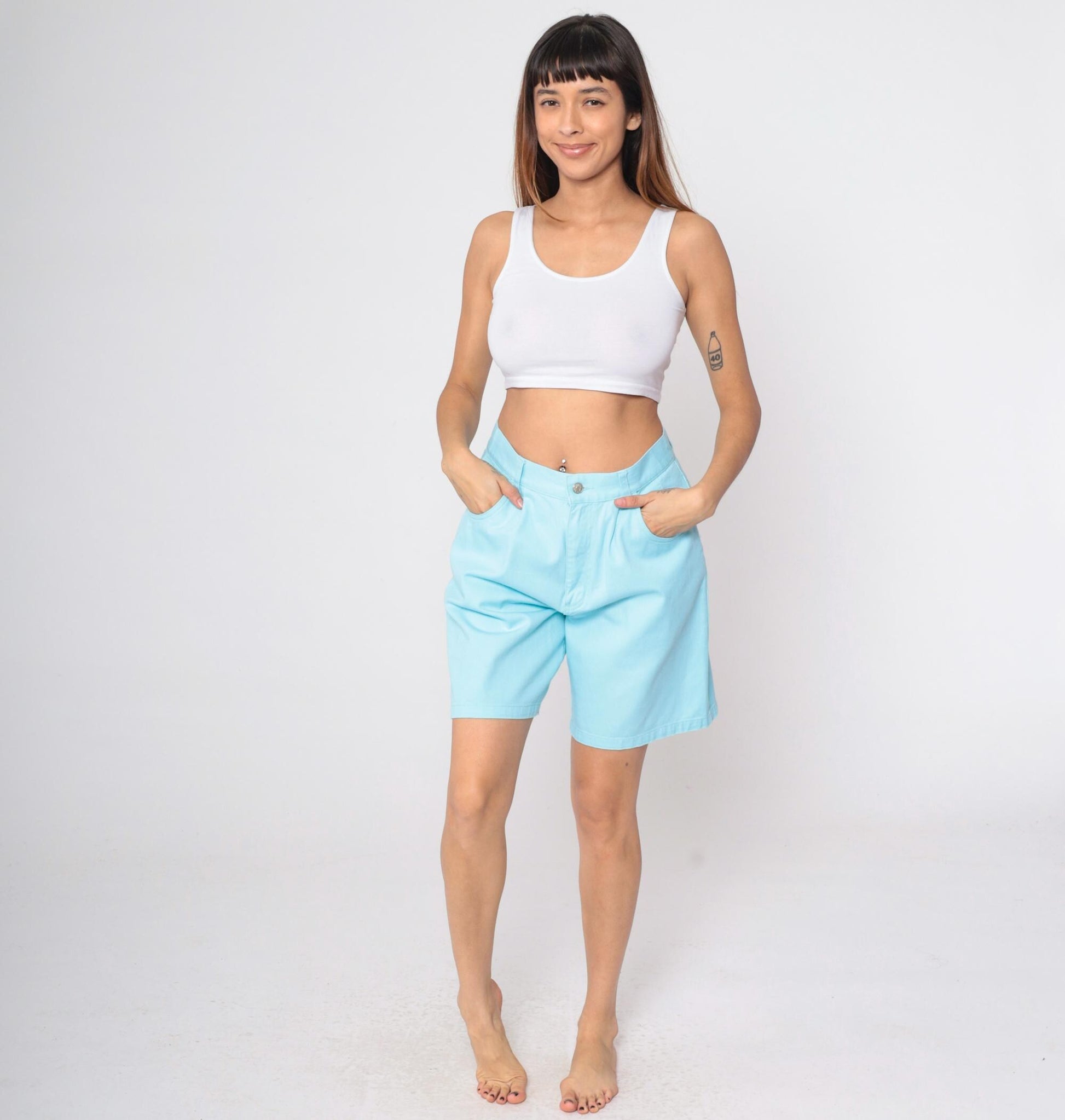 90s Denim & Co High-Waisted Jean Shorts Bright Blue Pleated Large