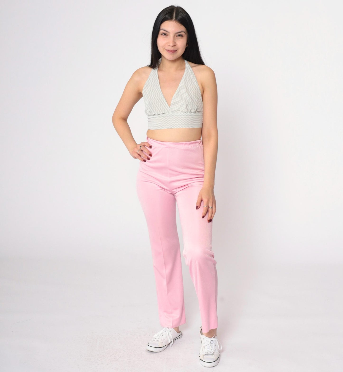90s Baby Pink Flared Pants High Waist Elastic Trousers Extra Small