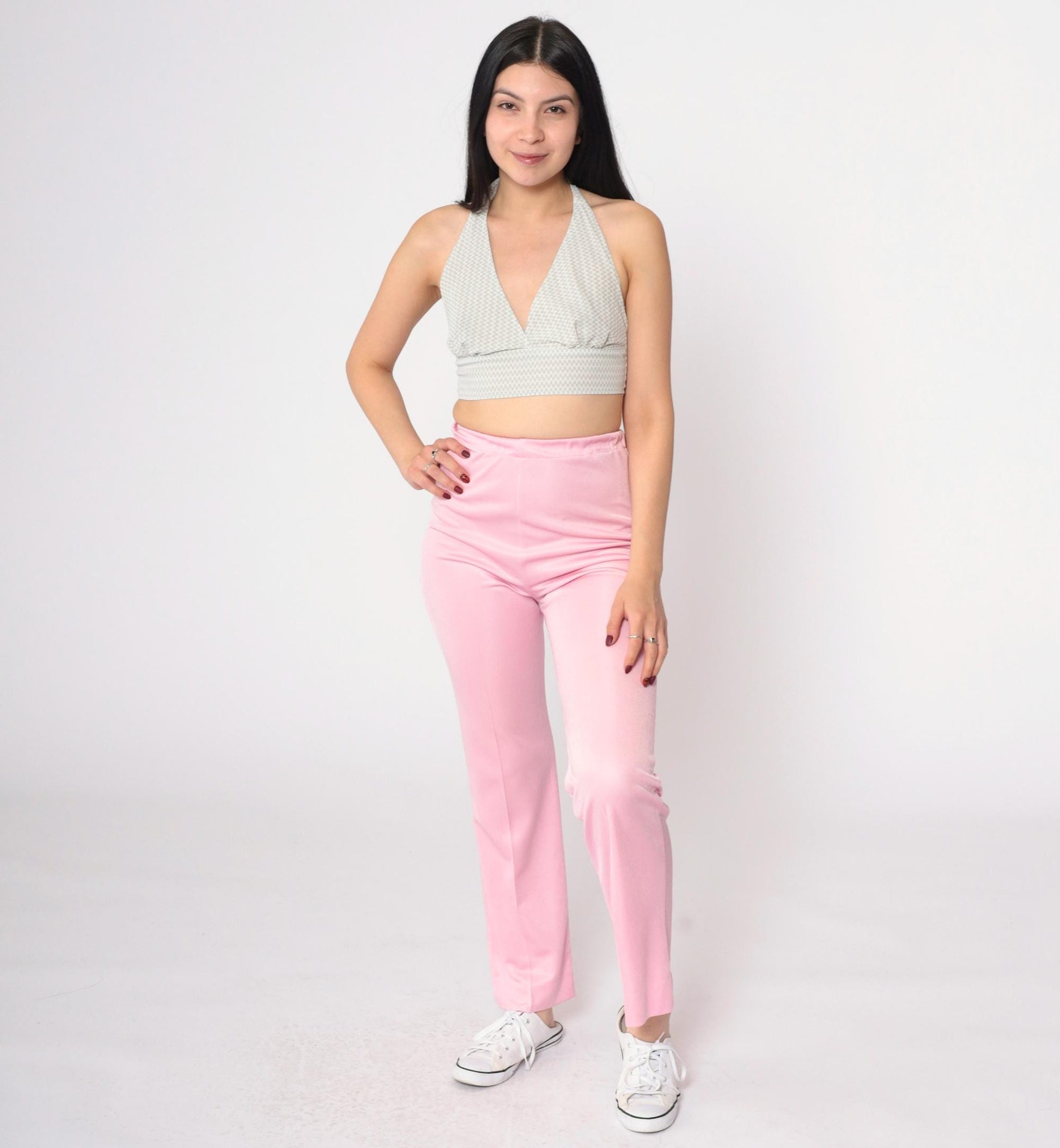 90s Baby Pink Flared Pants High Waist Elastic Trousers Extra Small