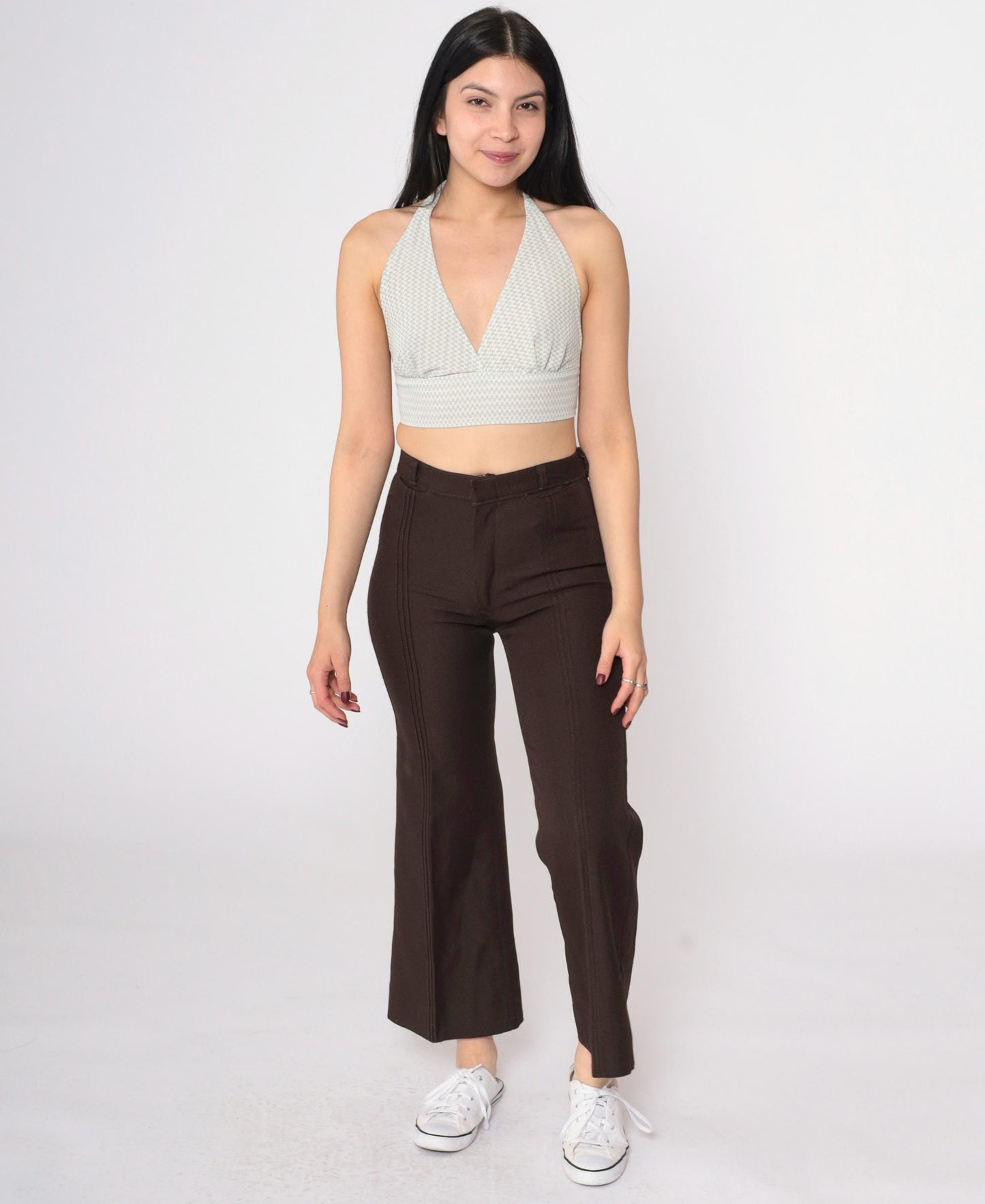 70s Dark Brown Bell Bottom Pants Pintuck Pleated Mid Rise Extra Small