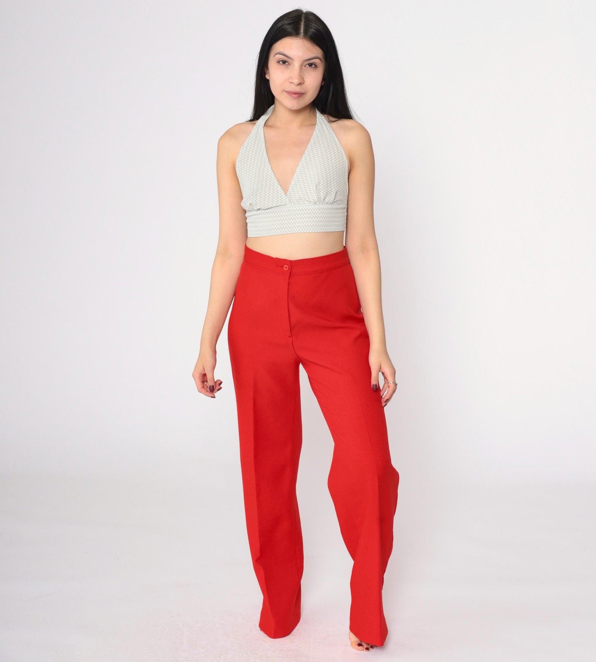 70s Red Straight Leg High Rise Trousers Polyester Vintage Medium
