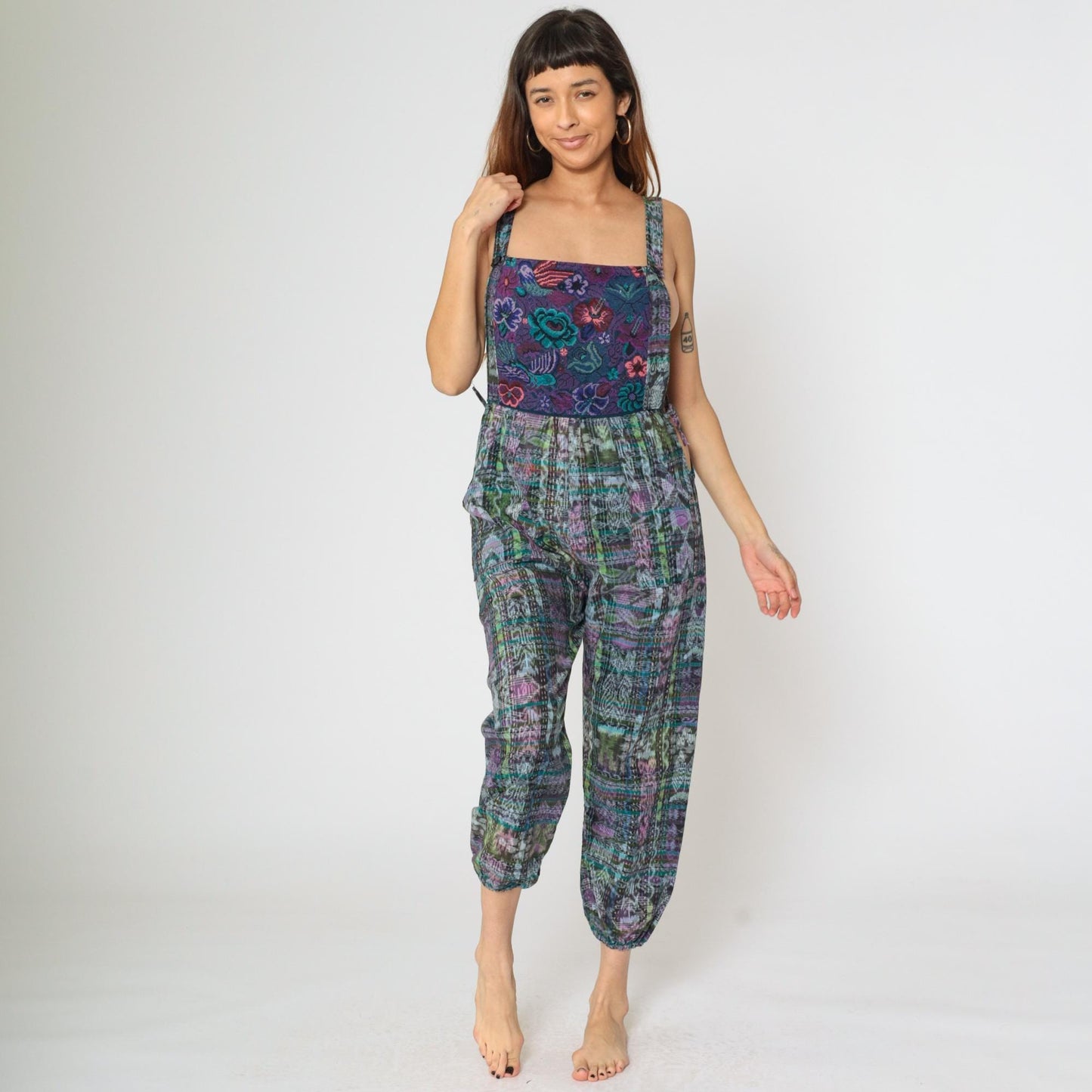 90s Guatemalan Patchwork Jumpsuit Floral Bird Print Square Neck Open Sides Large