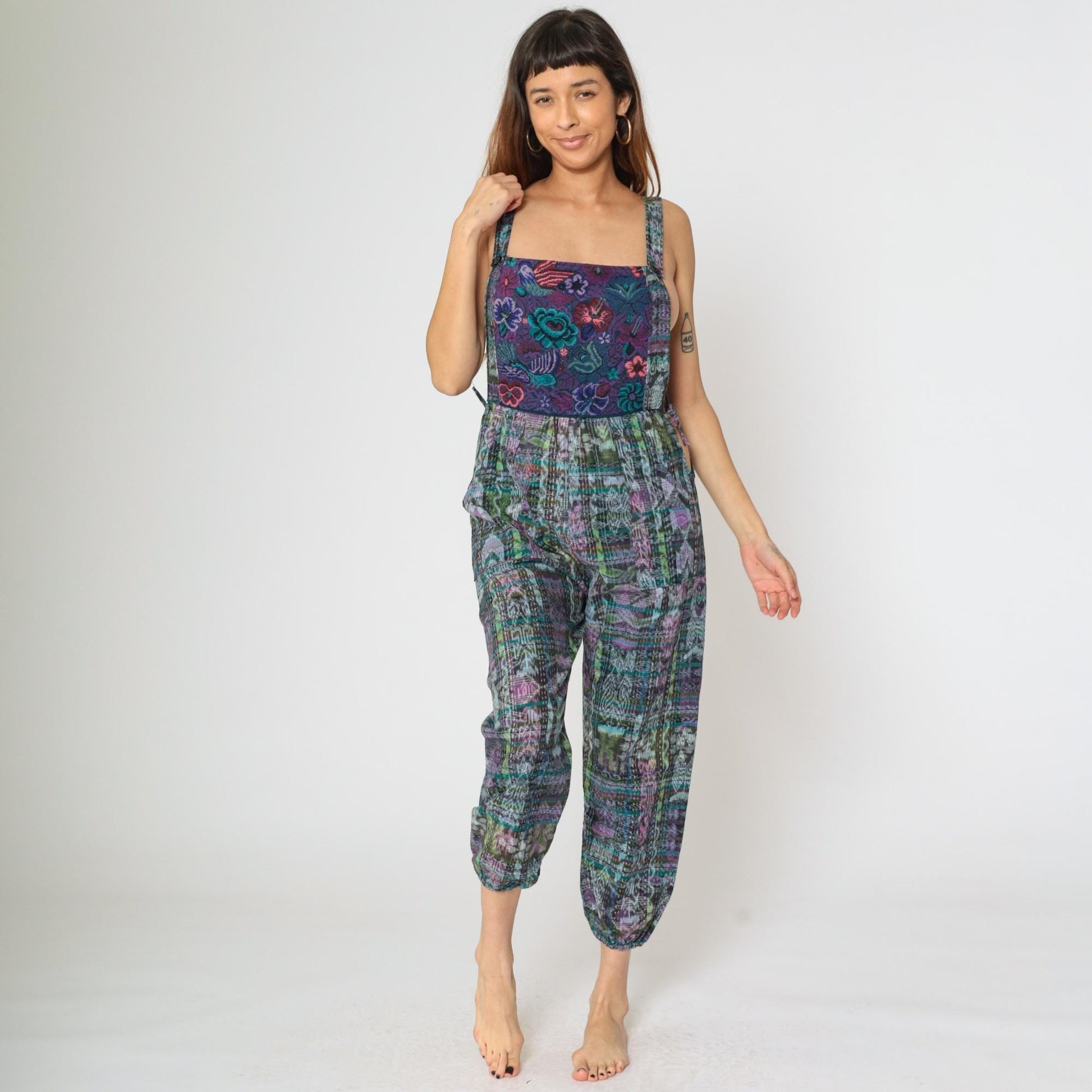 90s Guatemalan Patchwork Jumpsuit Floral Bird Print Square Neck Open Sides Large