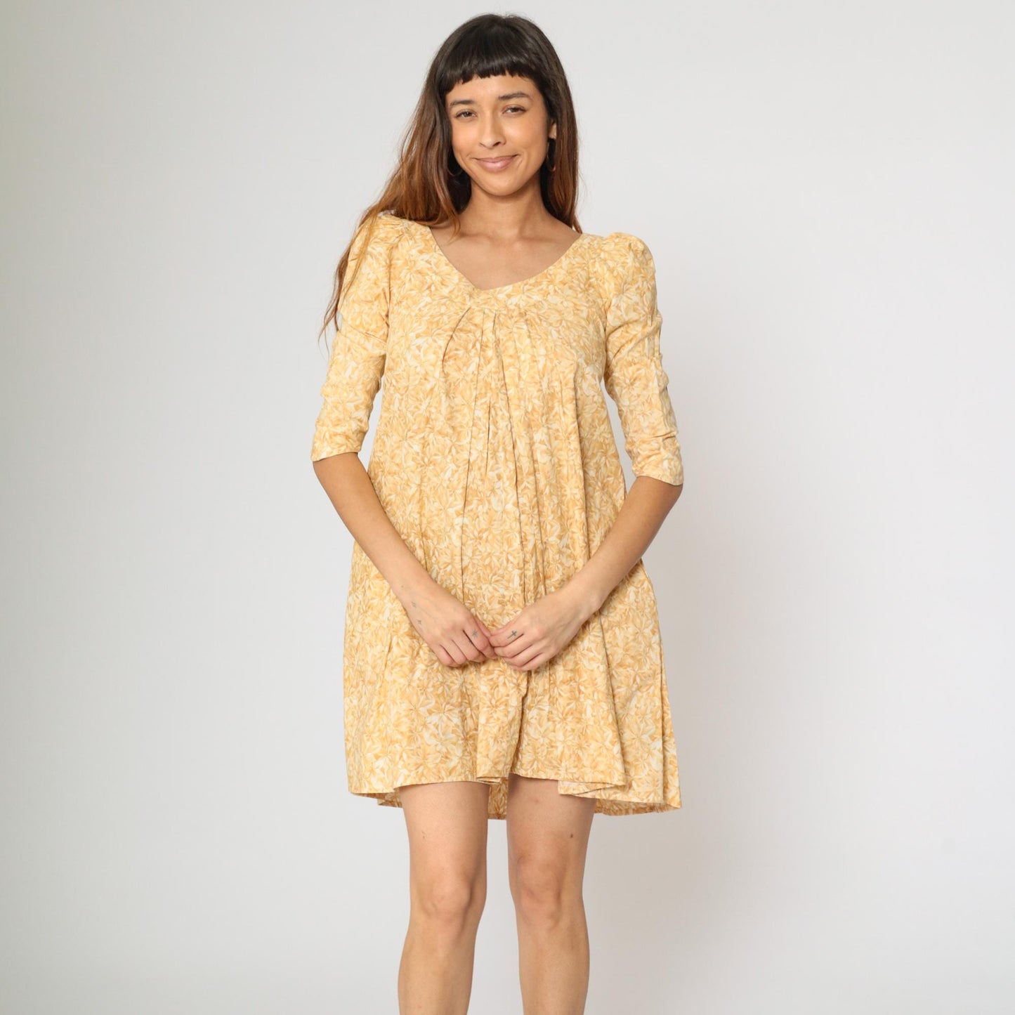 90s Hilo Hattie Hawaiian Yellow Floral Mini Dress Puff Sleeve A-Line Extra Small