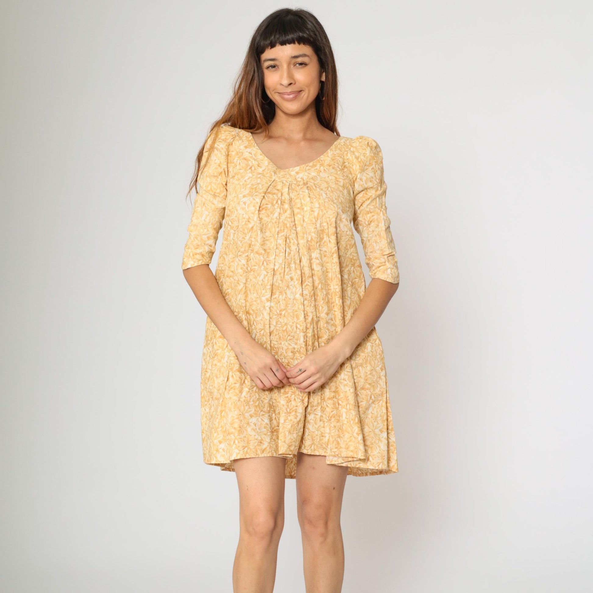 90s Hilo Hattie Hawaiian Yellow Floral Mini Dress Puff Sleeve A-Line Extra Small