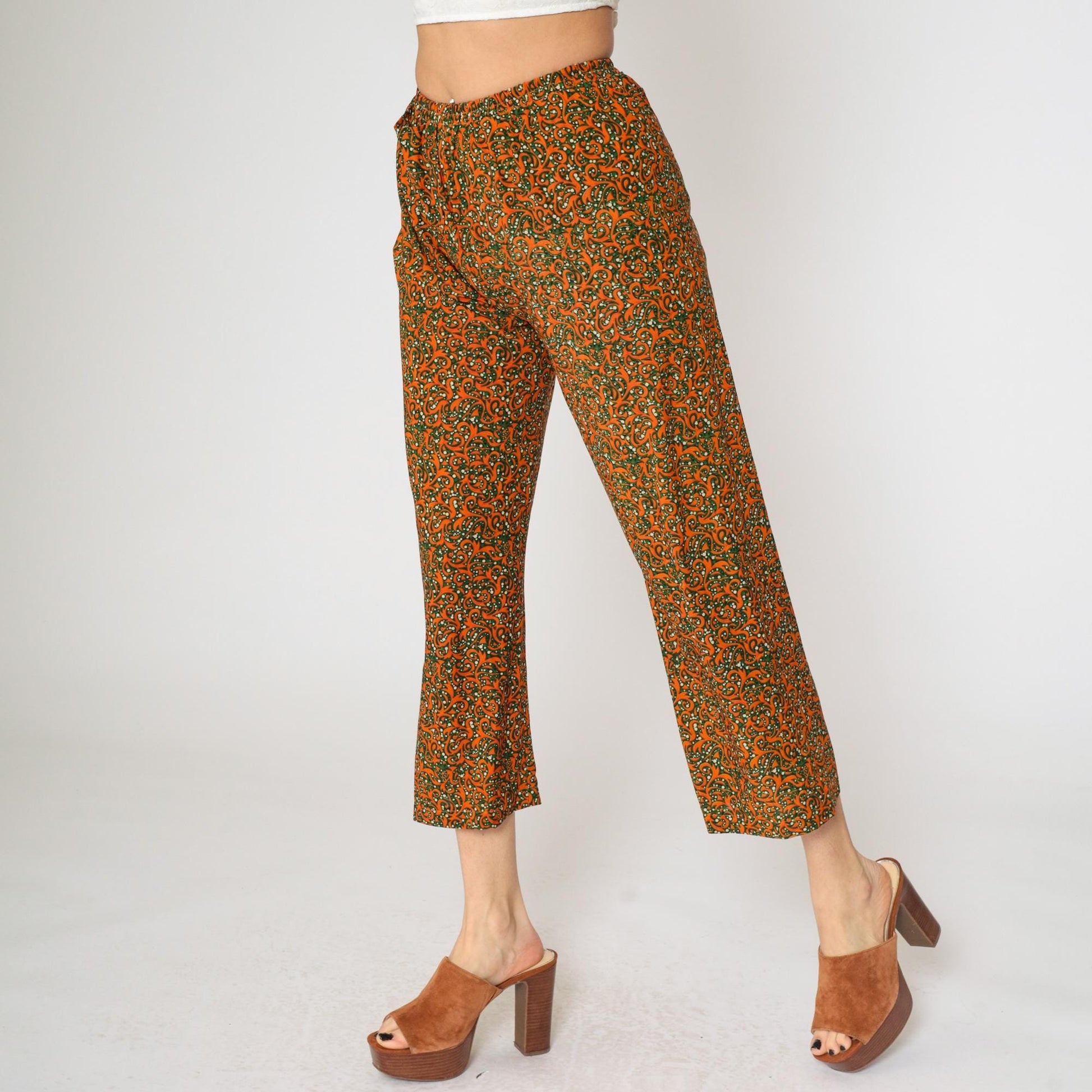 Y2K Orange Green Baroque Swirl Wide Leg Cropped Trousers Extra Small XS
