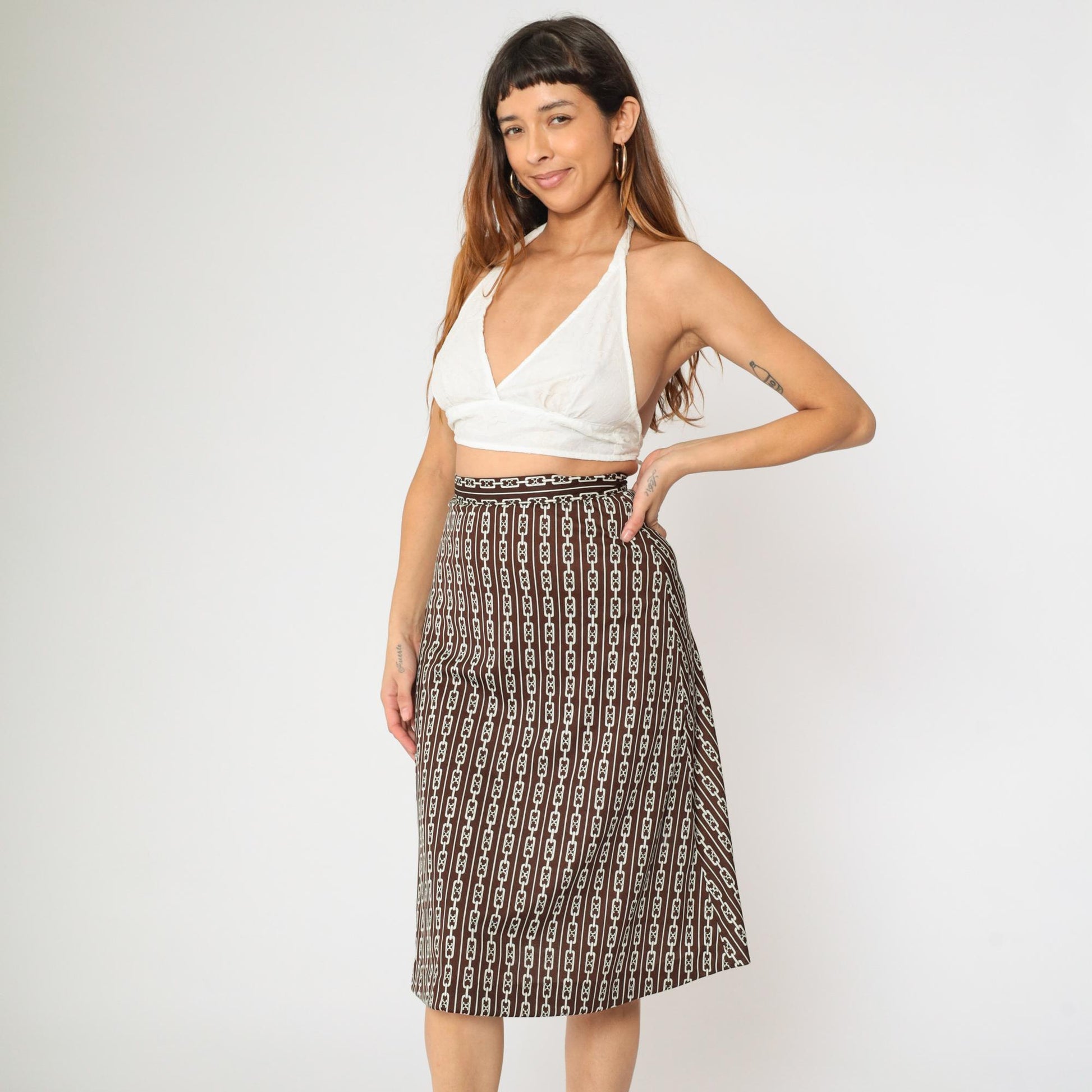 60s Brown Chain Print Midi Skirt A-Line High Waist Flared Small