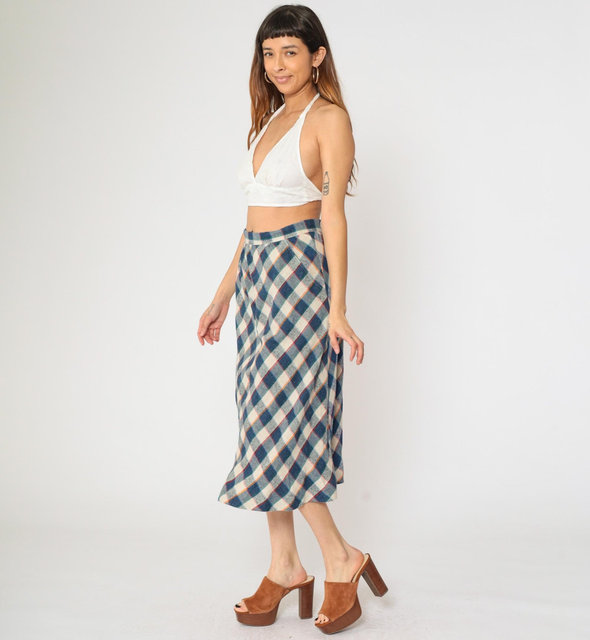 80s Blue Cream Checkered Skirt High Waist Knee Length Medium