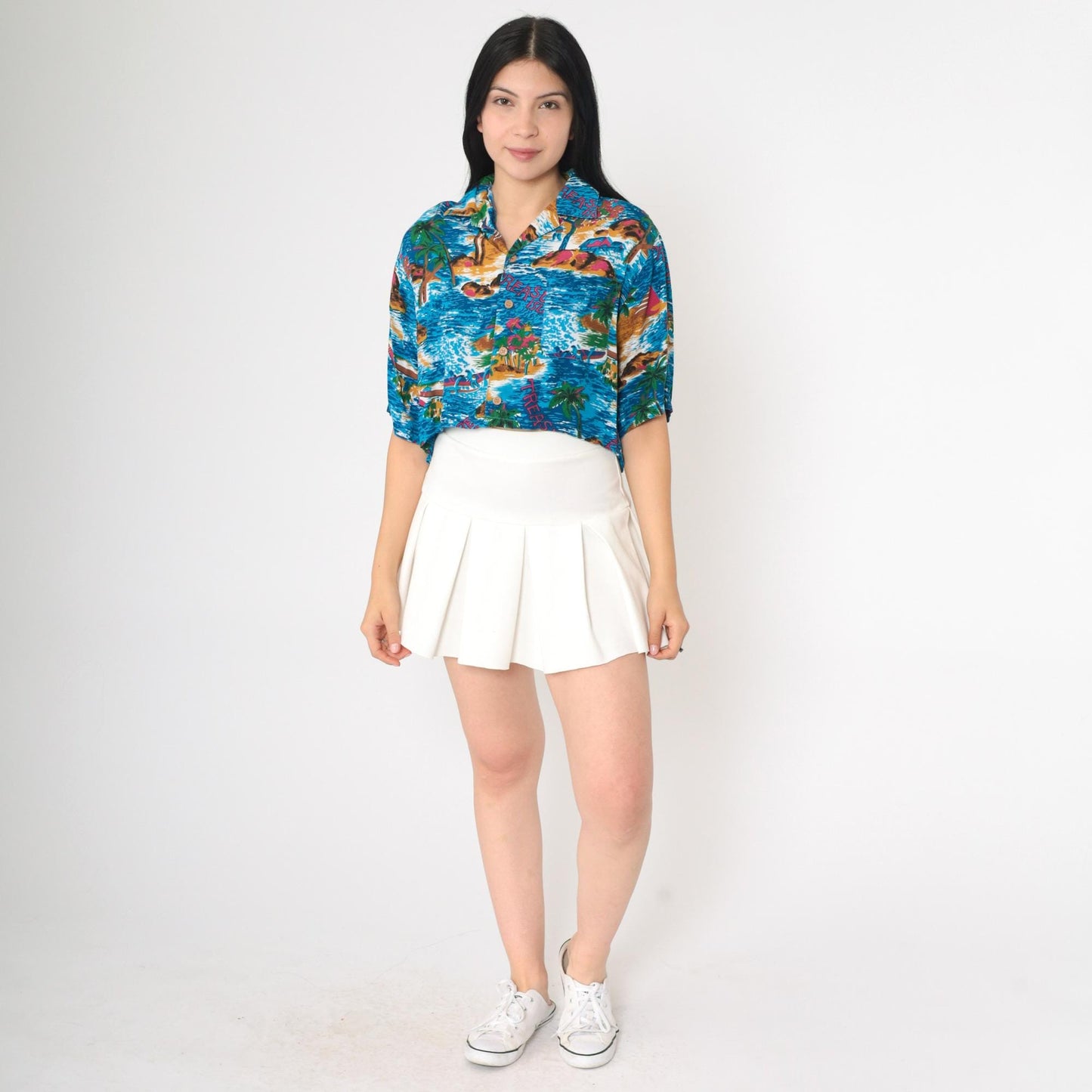 90s Islander Tropical Crop Top Blue Treasure Island Button-Up Medium