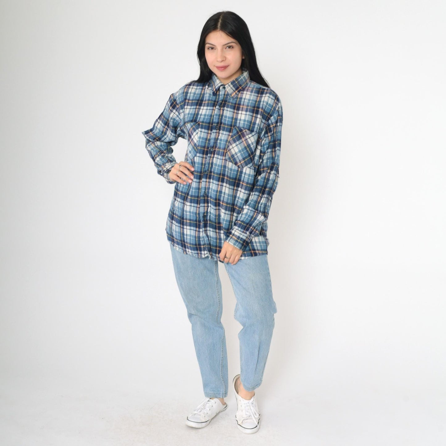 90s Ozark Trail Blue Plaid Flannel Shirt Cotton Button-Up Medium