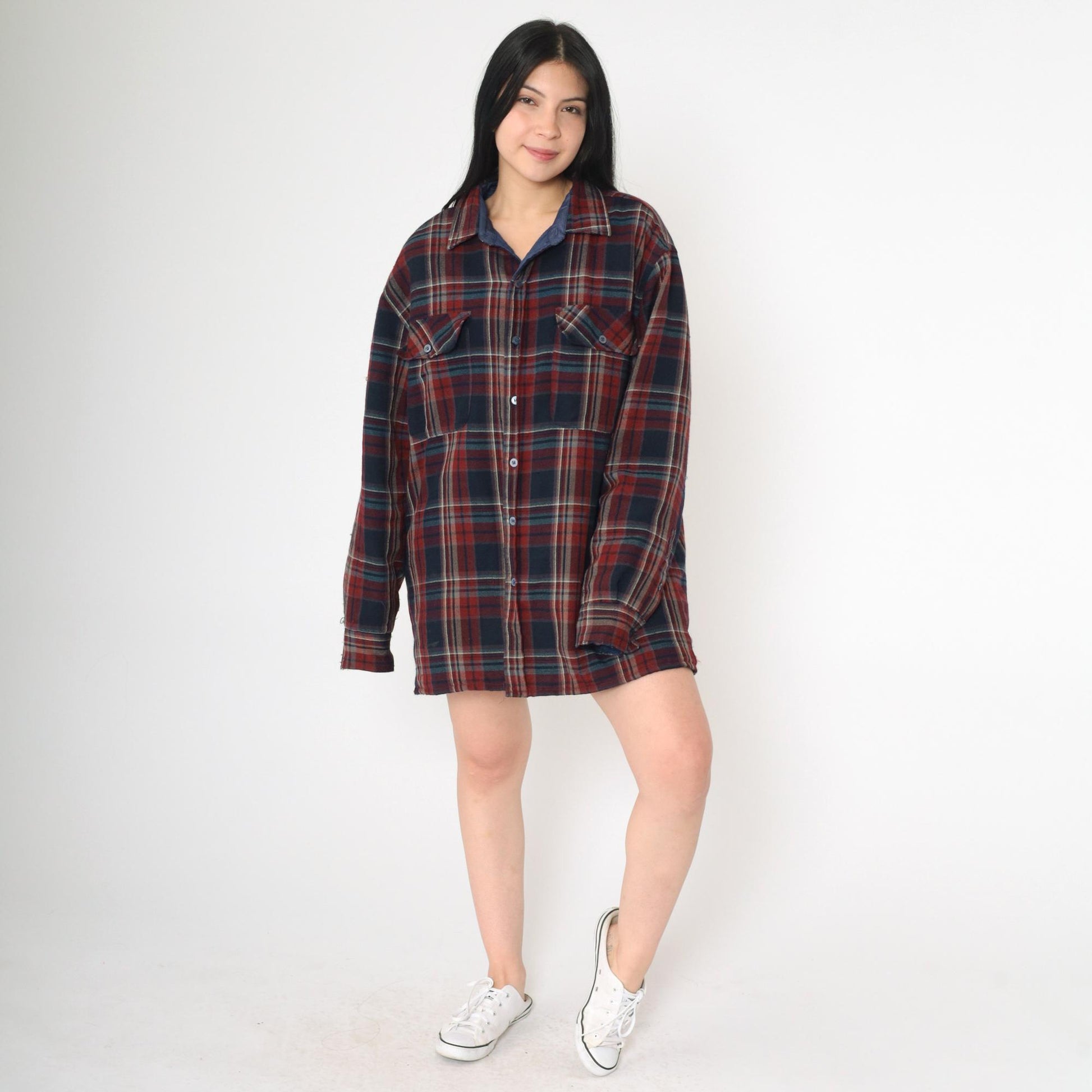 80s TimberTrail Wool Plaid Shirt Quilted Lining Red Navy Button Up Large L