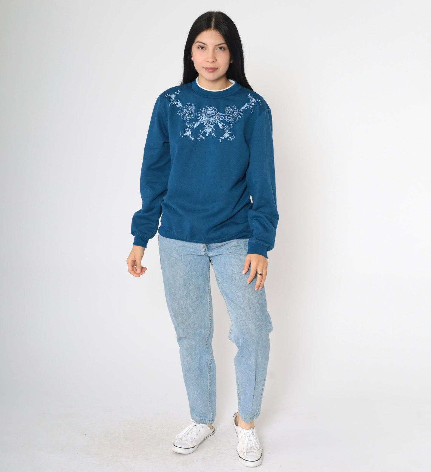 Y2K Blair Floral Embroidered Sweatshirt Blue Double Collar Crewneck Small