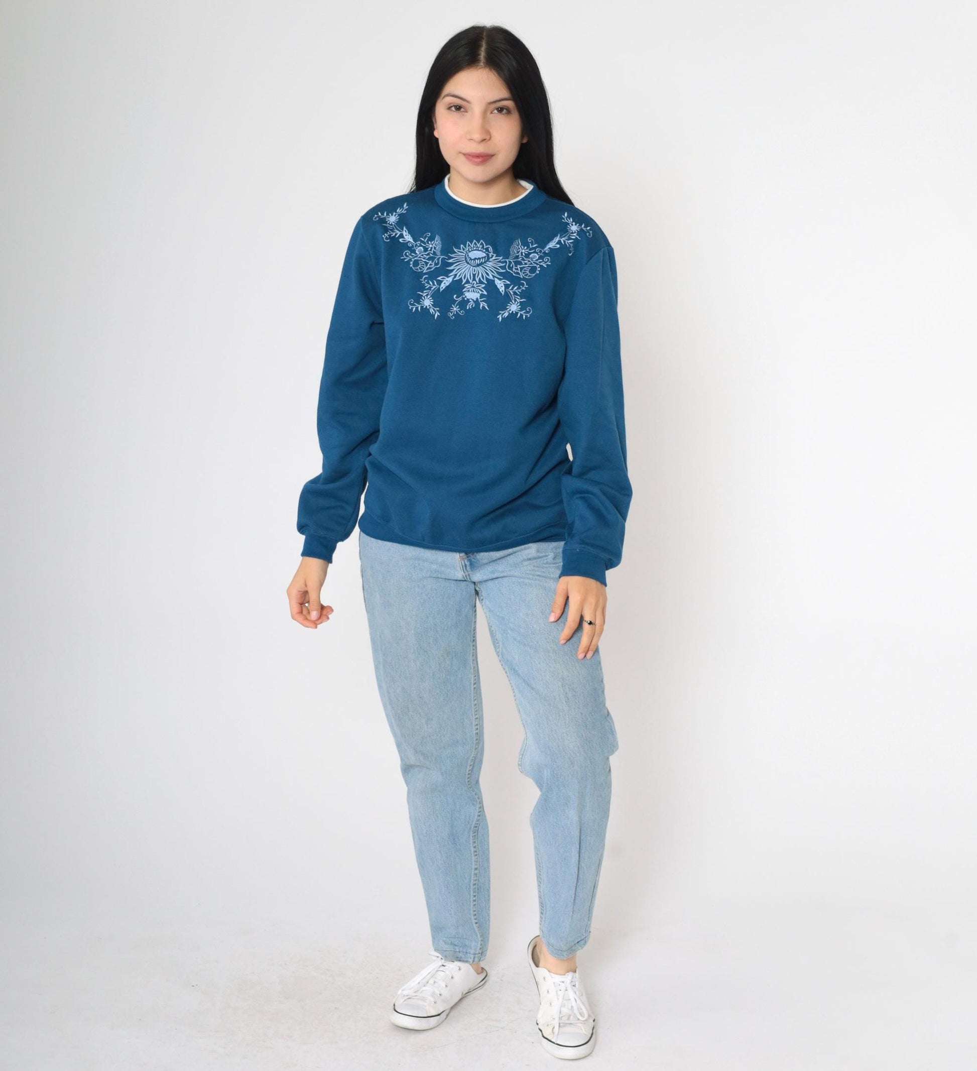 Y2K Blair Floral Embroidered Sweatshirt Blue Double Collar Crewneck Small