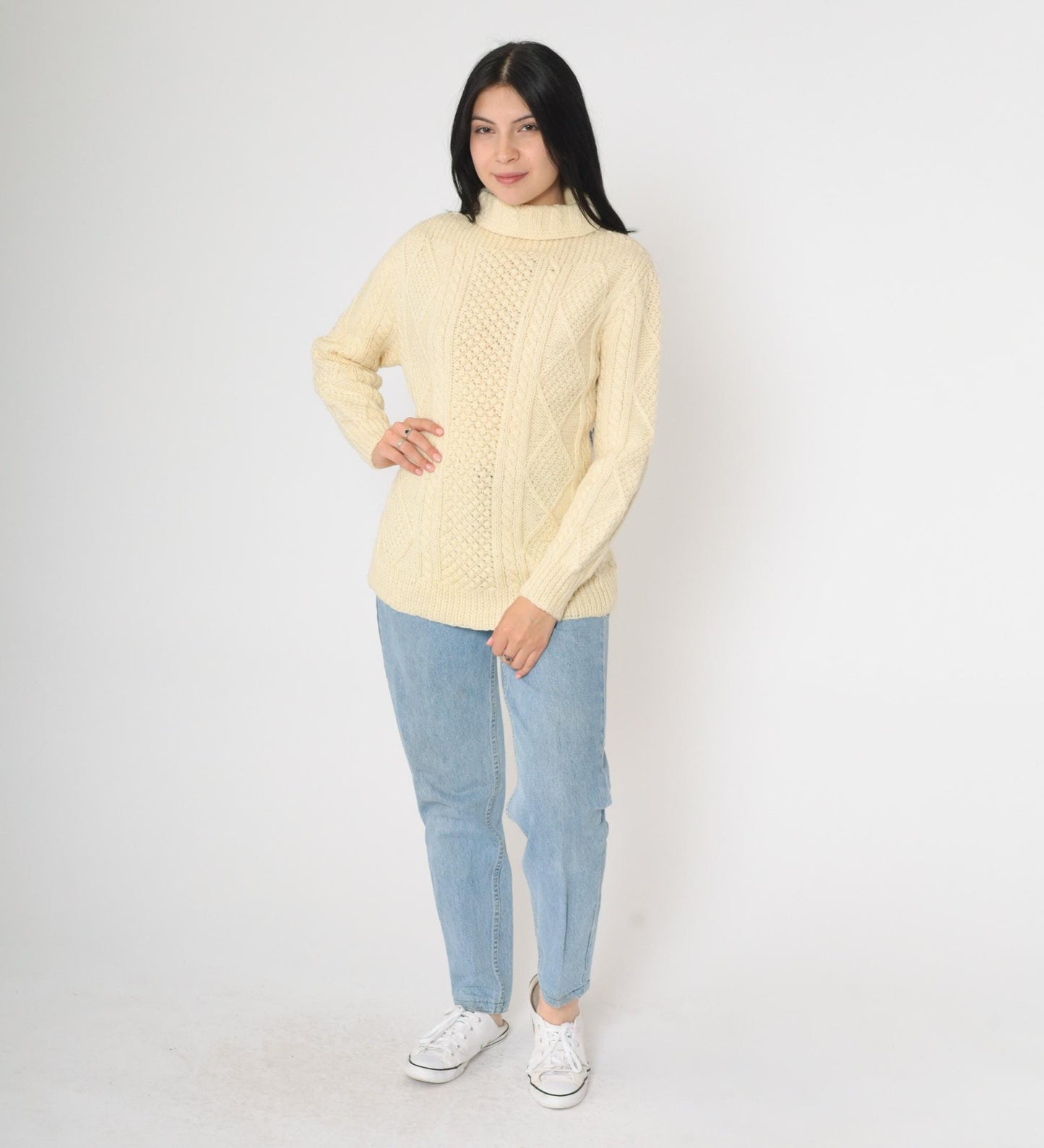 80s Cream Cable Knit Turtleneck Sweater Pullover Small