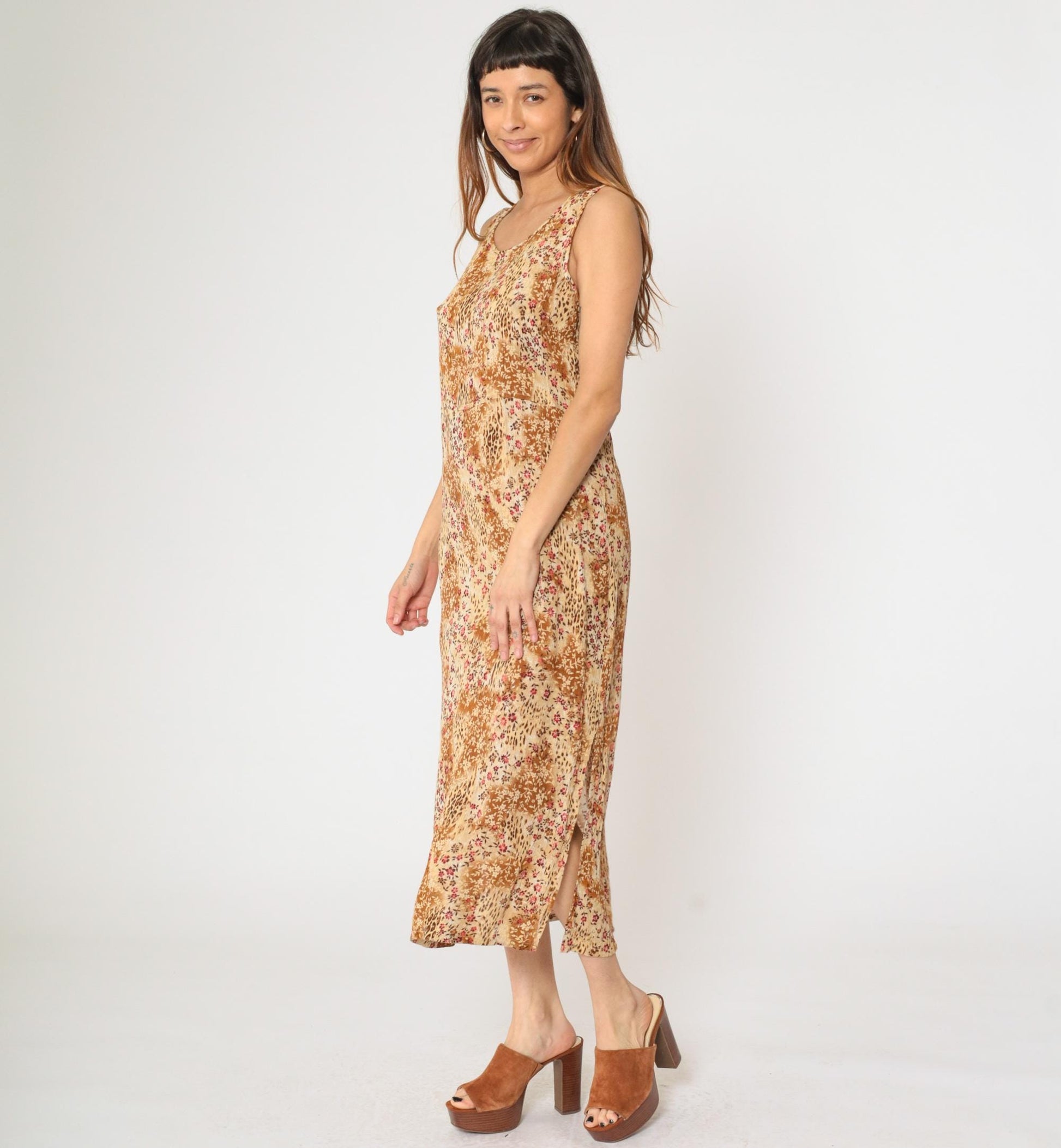90s Kathie Lee Leopard Floral Midi Dress High Waist Sleeveless Beige Burnt Orange Medium