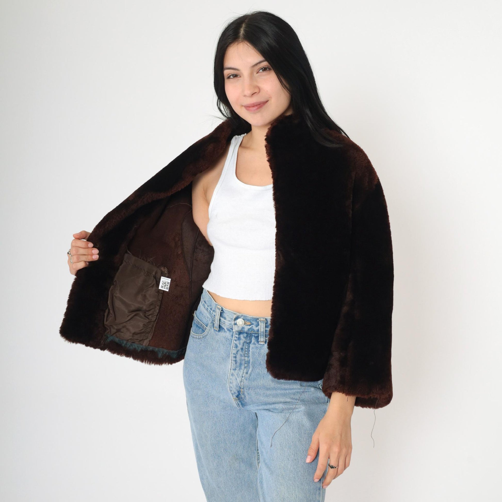 70s Brown Fur Jacket Cape Silhouette Bell Sleeve Open Front Small