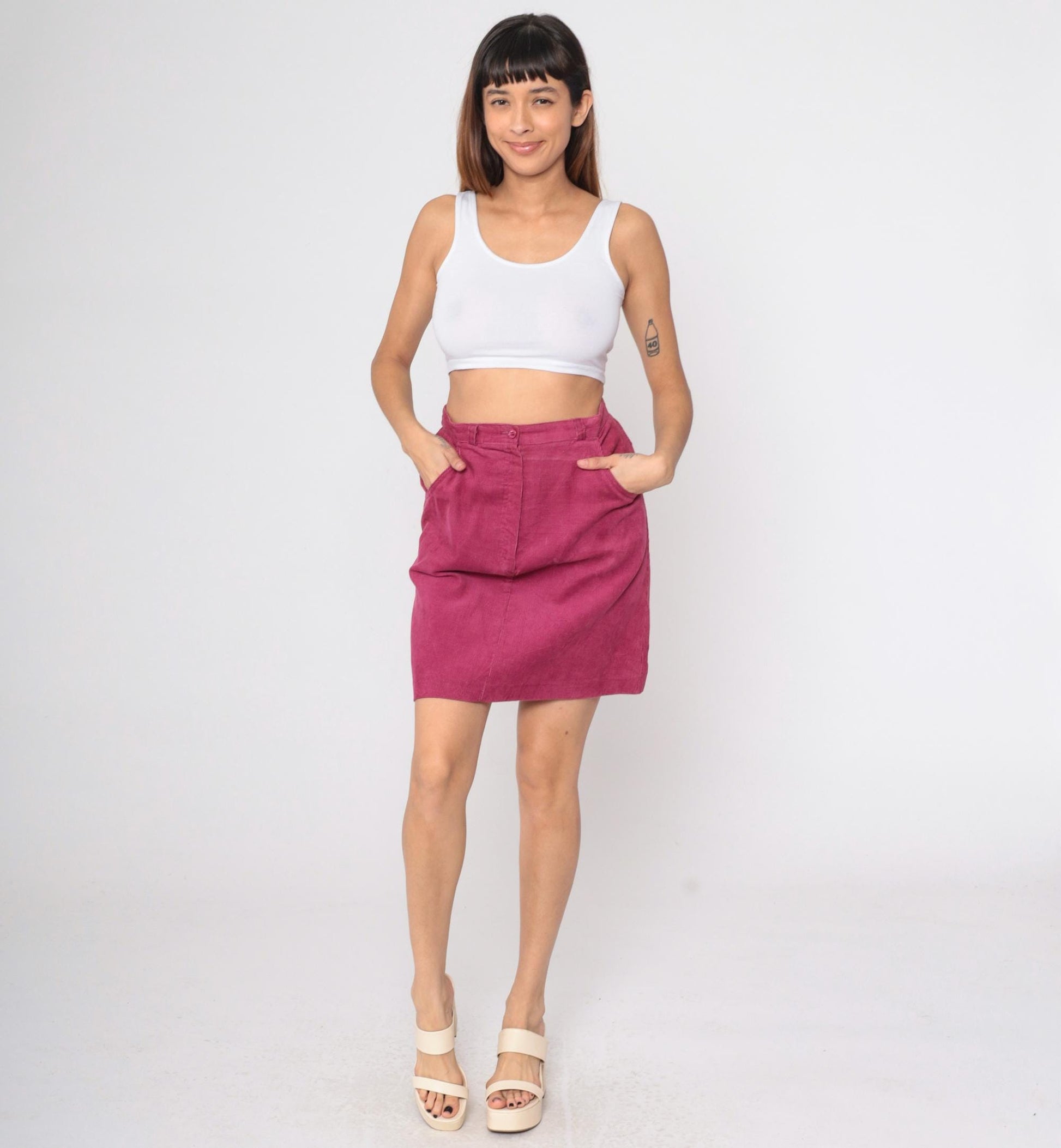 80s Corduroy Mini Skirt High Waist A-Line Pink Medium